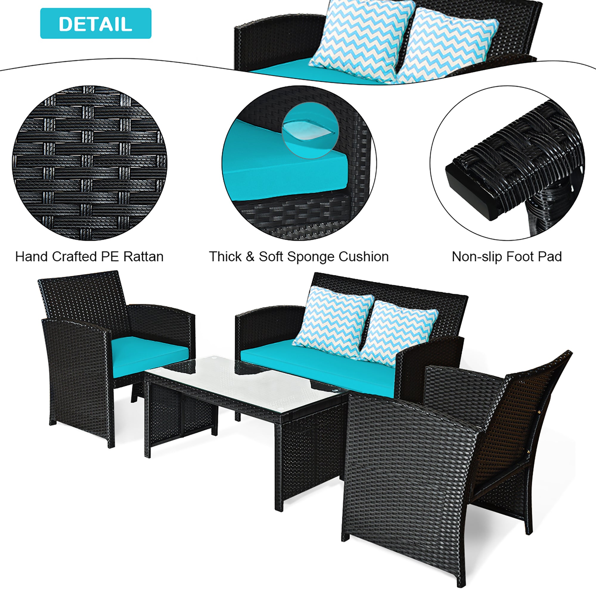  Black Rattan Furniture Set with Glass Table Top Set of 4 - Navy - Bonton