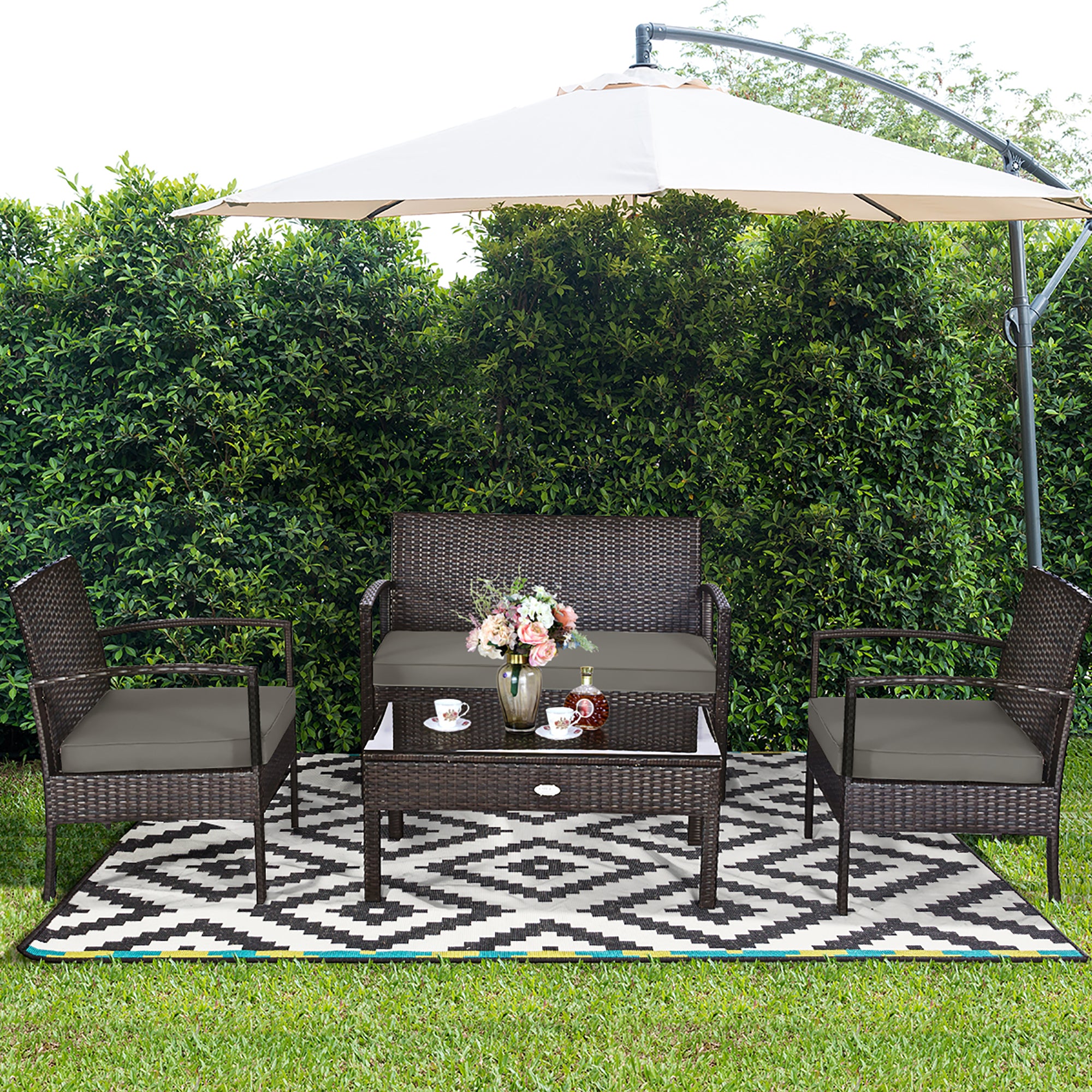  4 Piece Rattan Wicker Furniture Loveseat Sofa Set - Black - Bonton