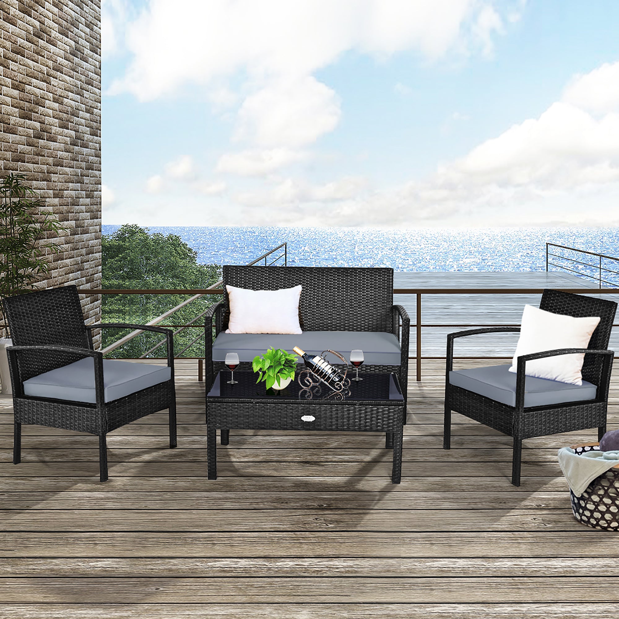  4 Piece Rattan Wicker Furniture Loveseat Sofa Set - Black - Bonton