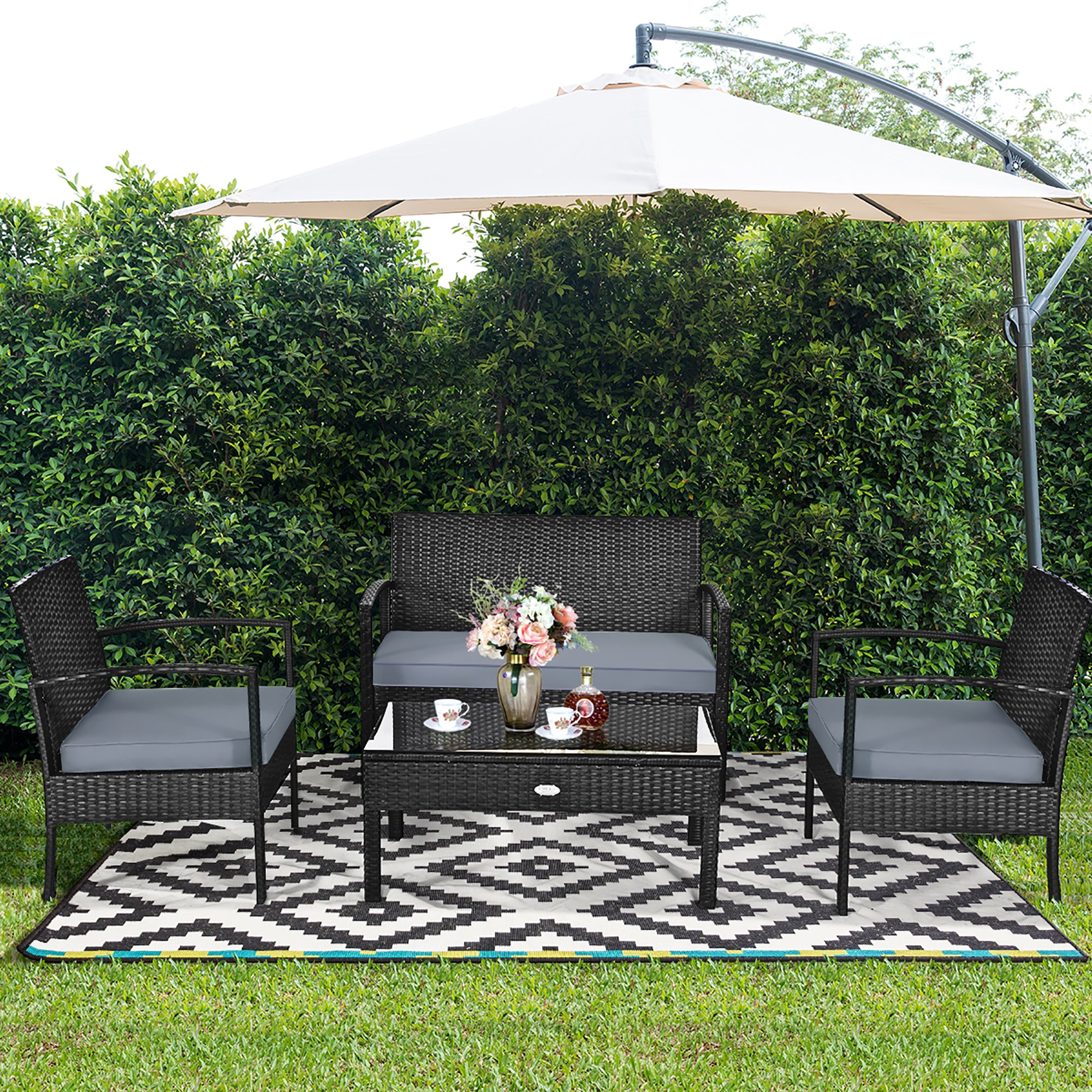  4 Piece Garden Deck Rattan Furniture Set - Gray - Bonton