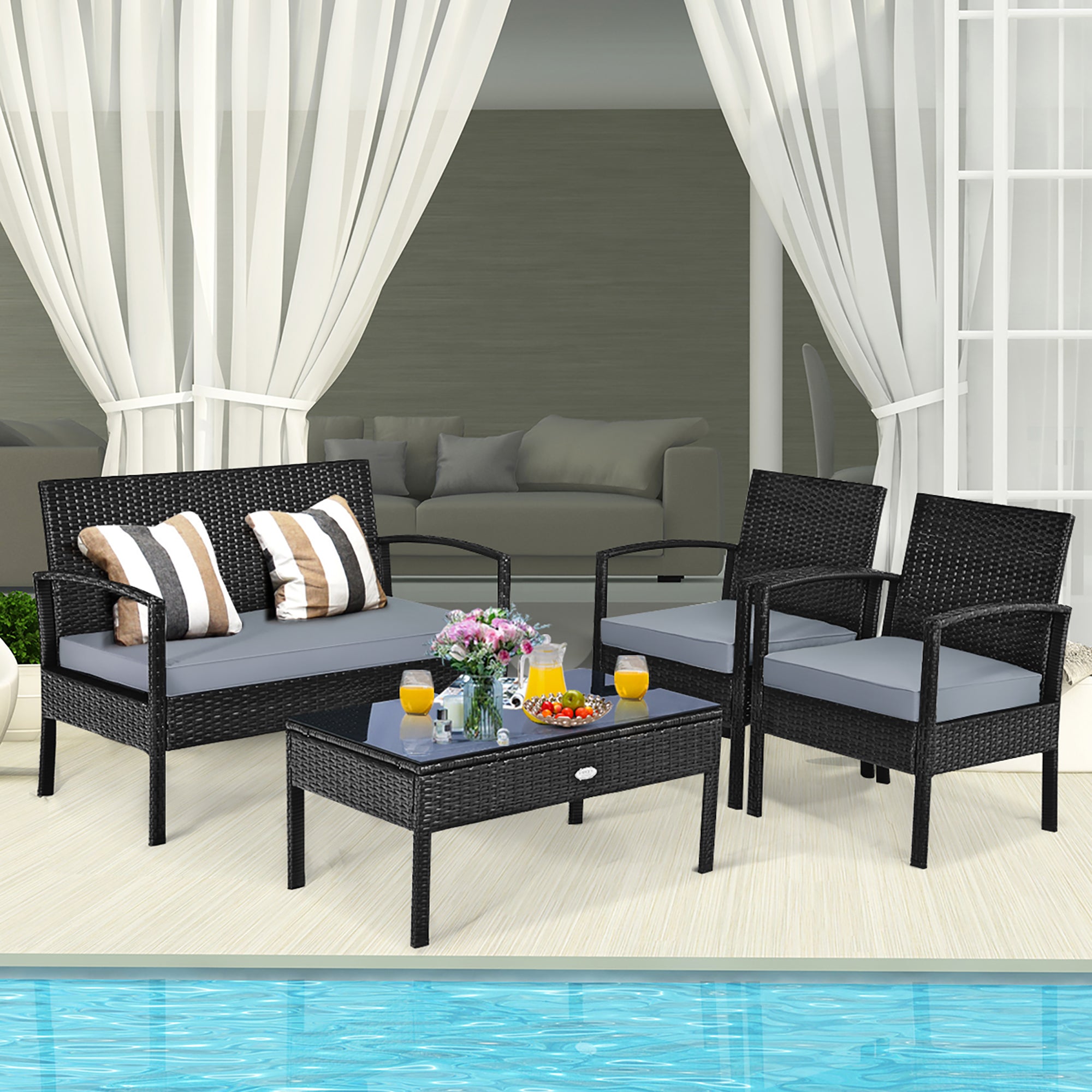  4 Piece Garden Deck Rattan Furniture Set - Gray - Bonton