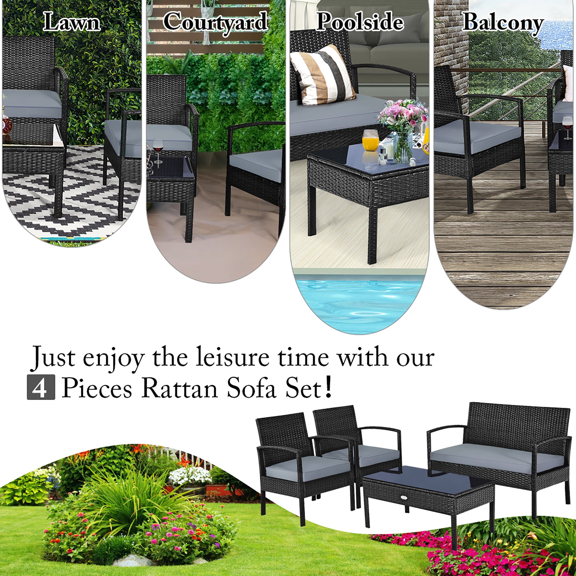  4 Piece Garden Deck Rattan Furniture Set - Gray - Bonton