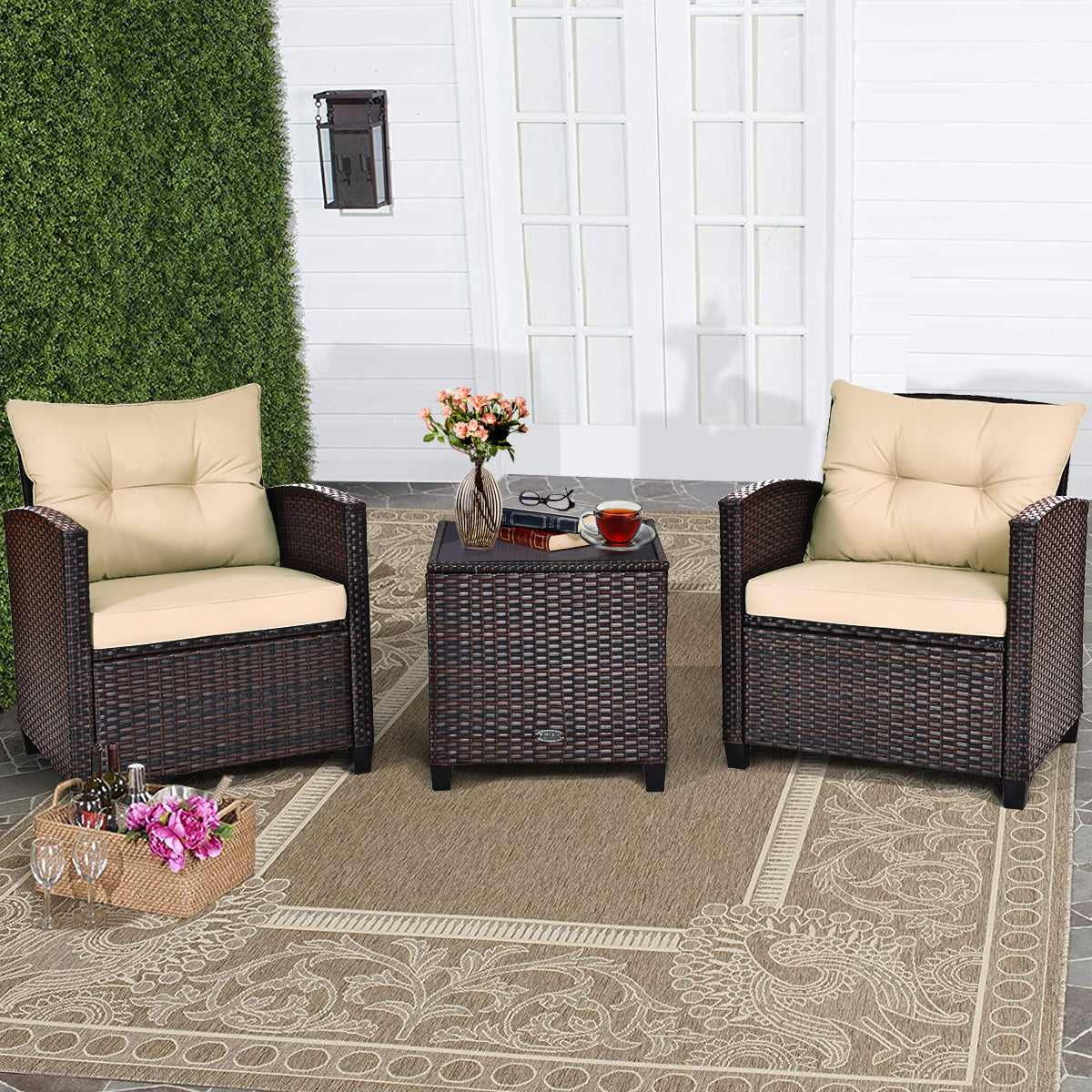  3 Piece Rattan Cushioned Chair Set with Table - Beige - Bonton