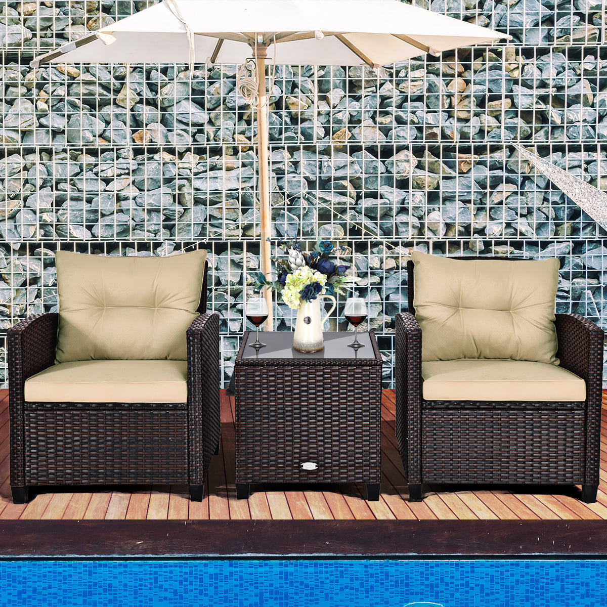  3 Piece Rattan Cushioned Chair Set with Table - Turquoise - Bonton