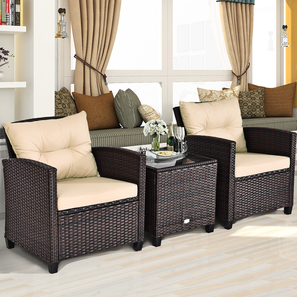  3 Piece Rattan Cushioned Chair Set with Table - Beige - Bonton