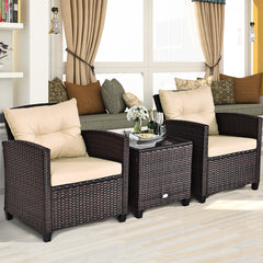 3 Piece Rattan Cushioned Chair Set with Table