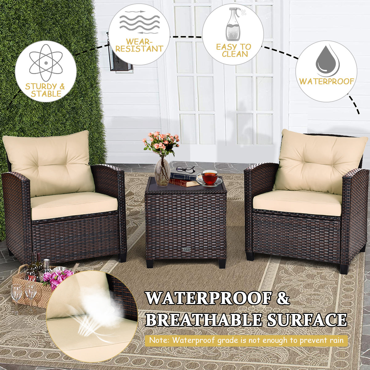  3 Piece Rattan Cushioned Chair Set with Table - Black - Bonton