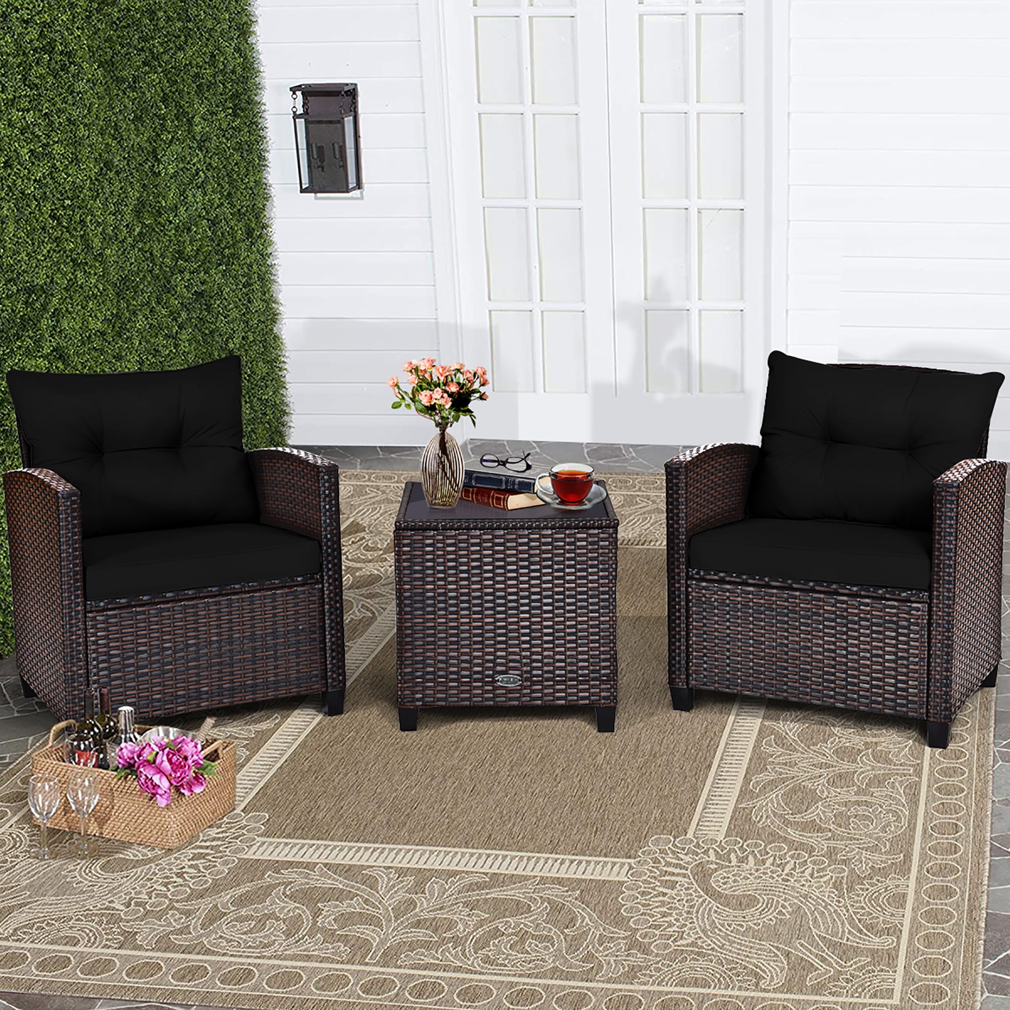  3 Piece Rattan Cushioned Chair Set with Table - Red - Bonton