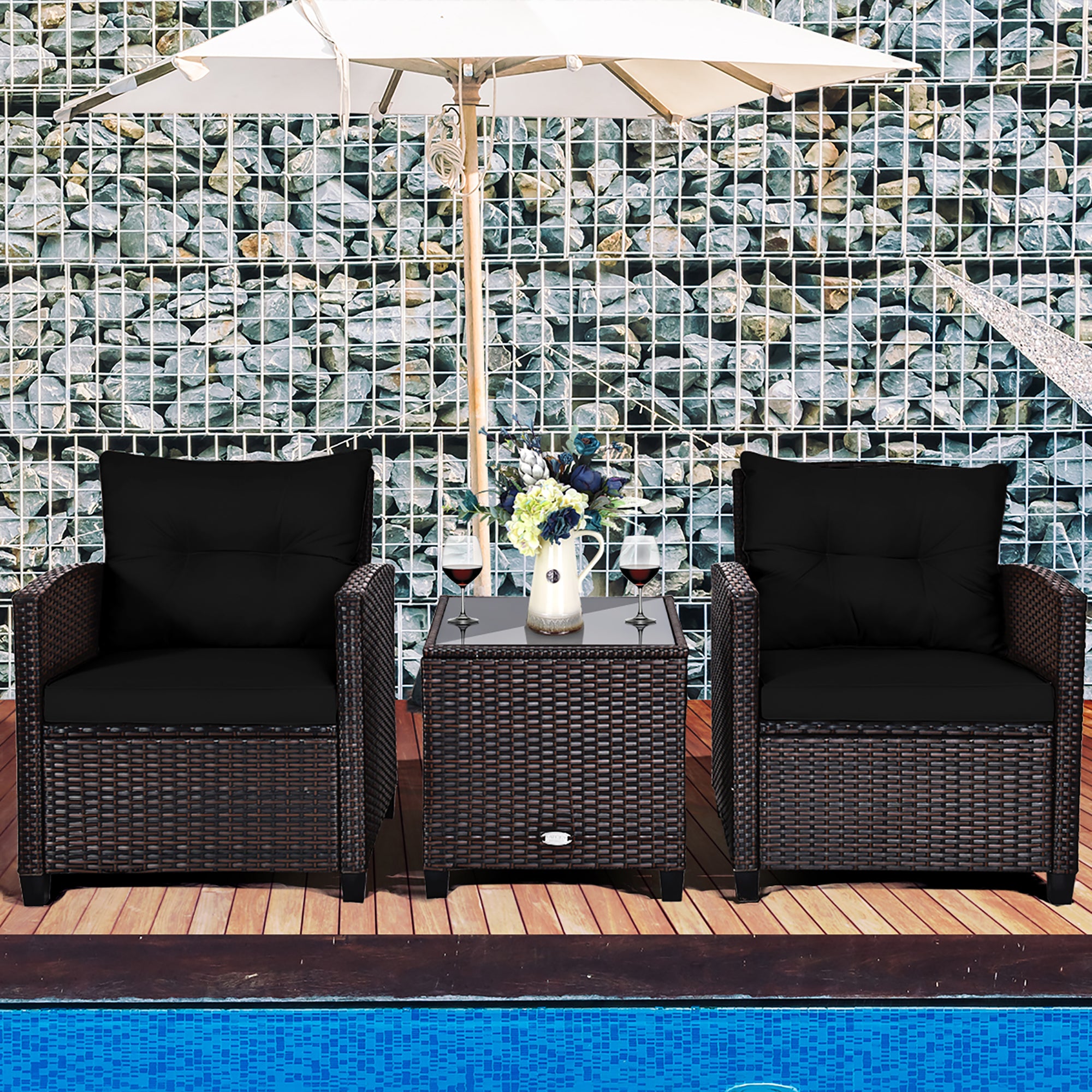  3 Piece Rattan Cushioned Chair Set with Table - Turquoise - Bonton