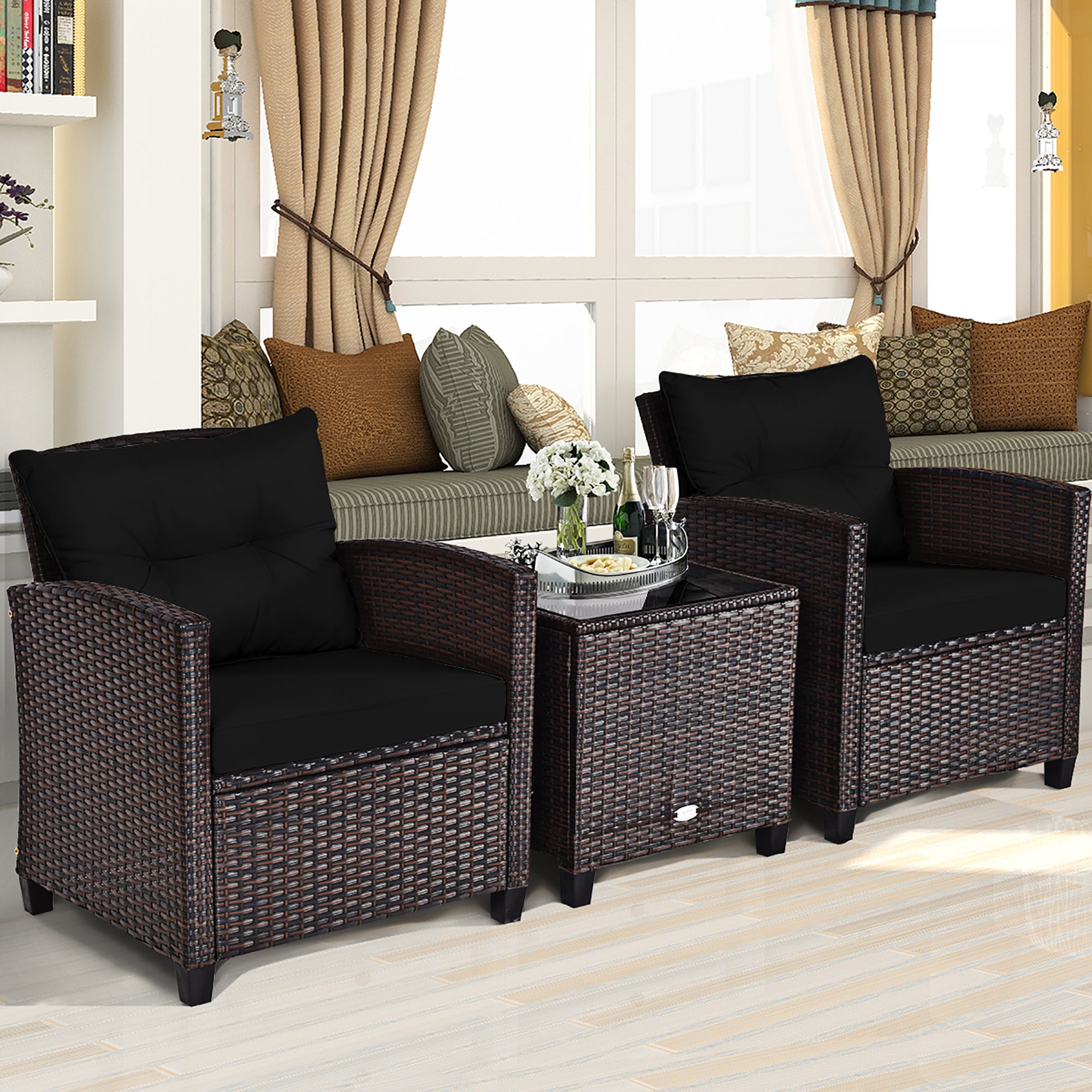  3 Piece Rattan Cushioned Chair Set with Table - Black - Bonton