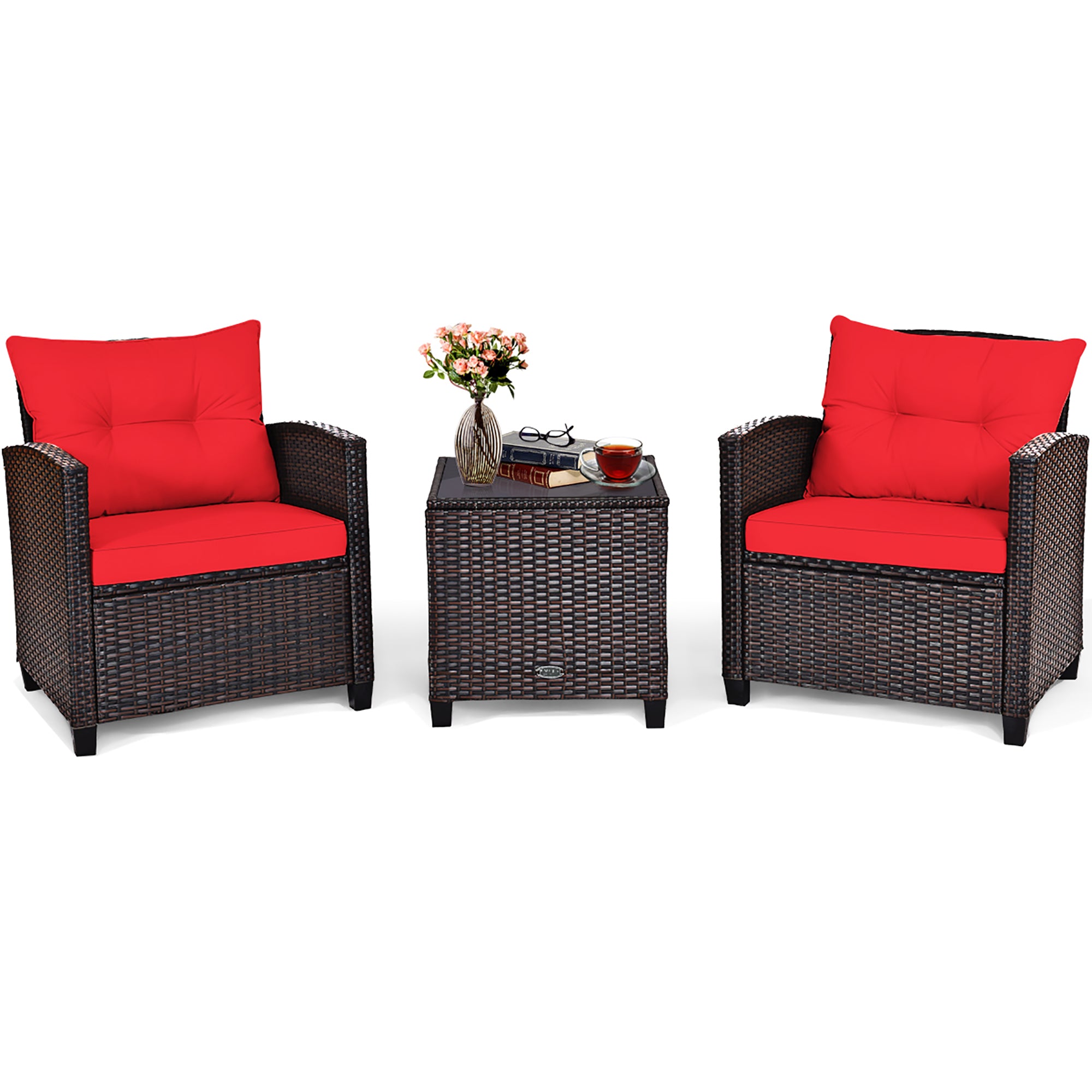  3 Piece Rattan Cushioned Chair Set with Table - Black - Bonton