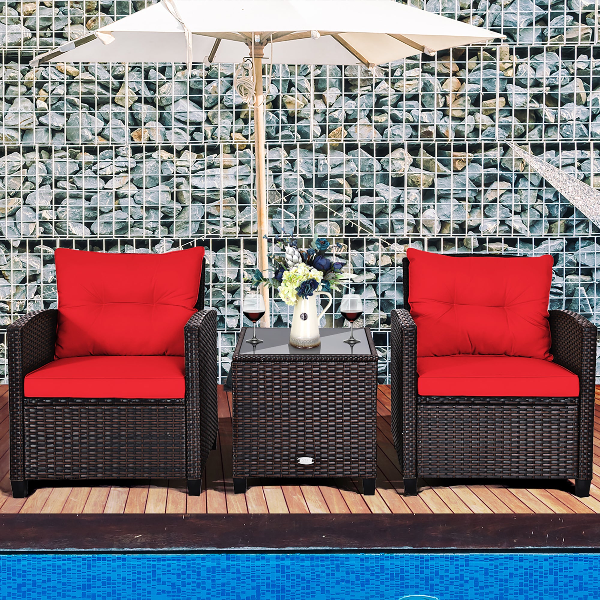  3 Piece Rattan Cushioned Chair Set with Table - Red - Bonton