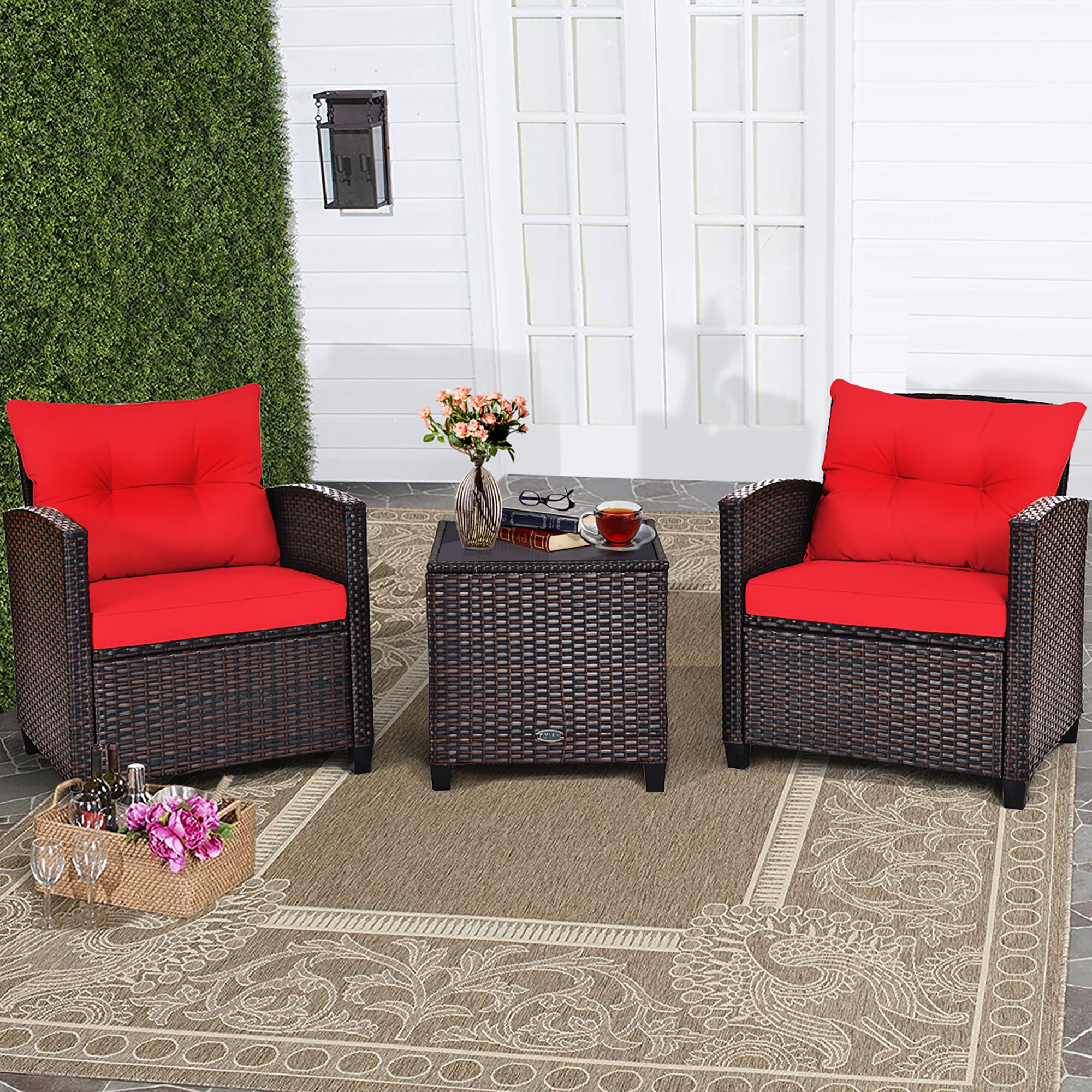  3 Piece Rattan Cushioned Chair Set with Table - Turquoise - Bonton