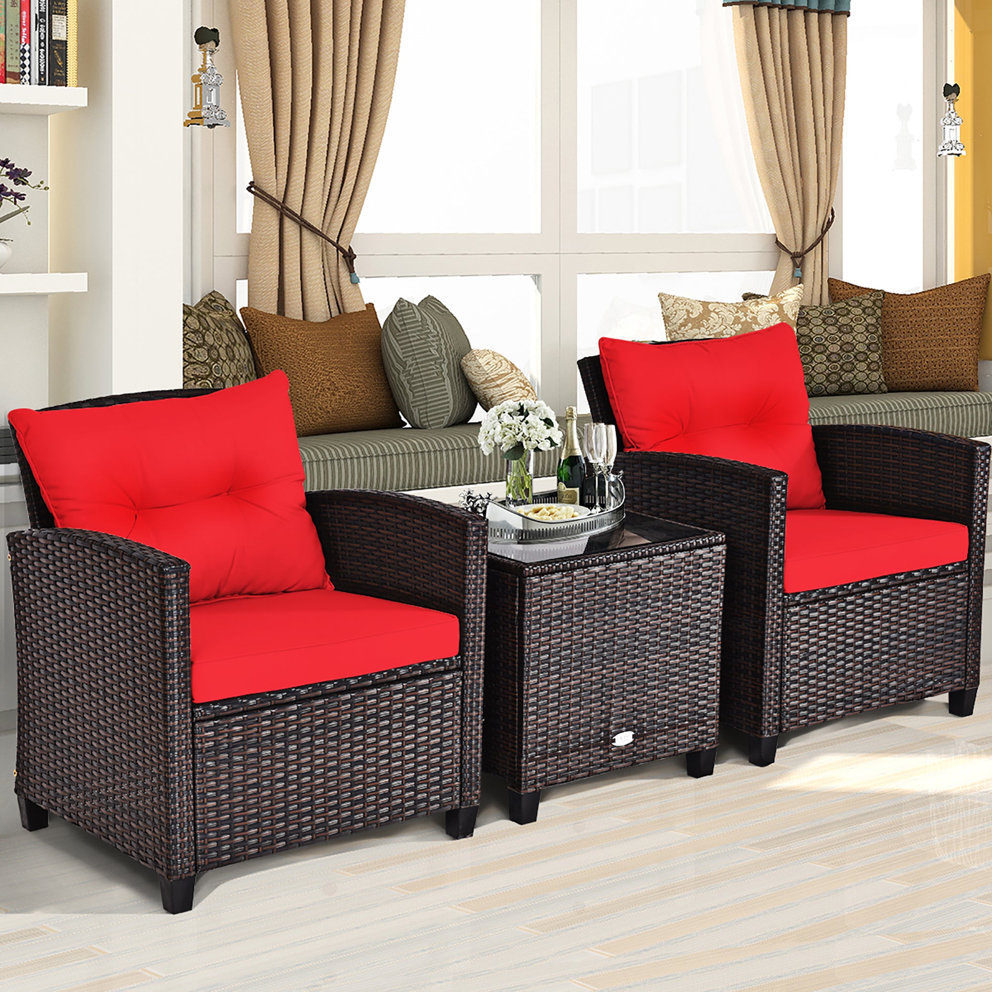  3 Piece Rattan Cushioned Chair Set with Table - Red - Bonton