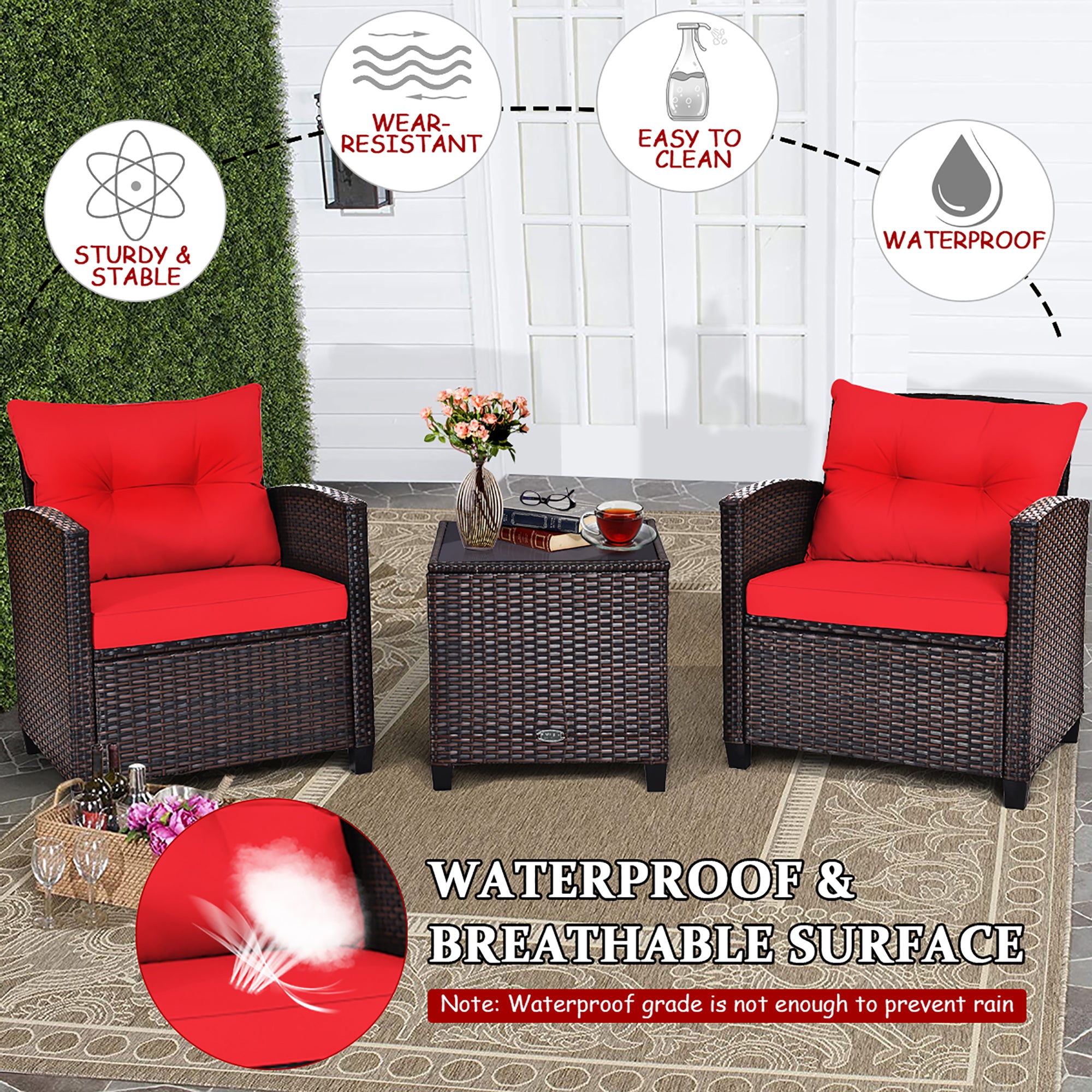  3 Piece Rattan Cushioned Chair Set with Table - Red - Bonton