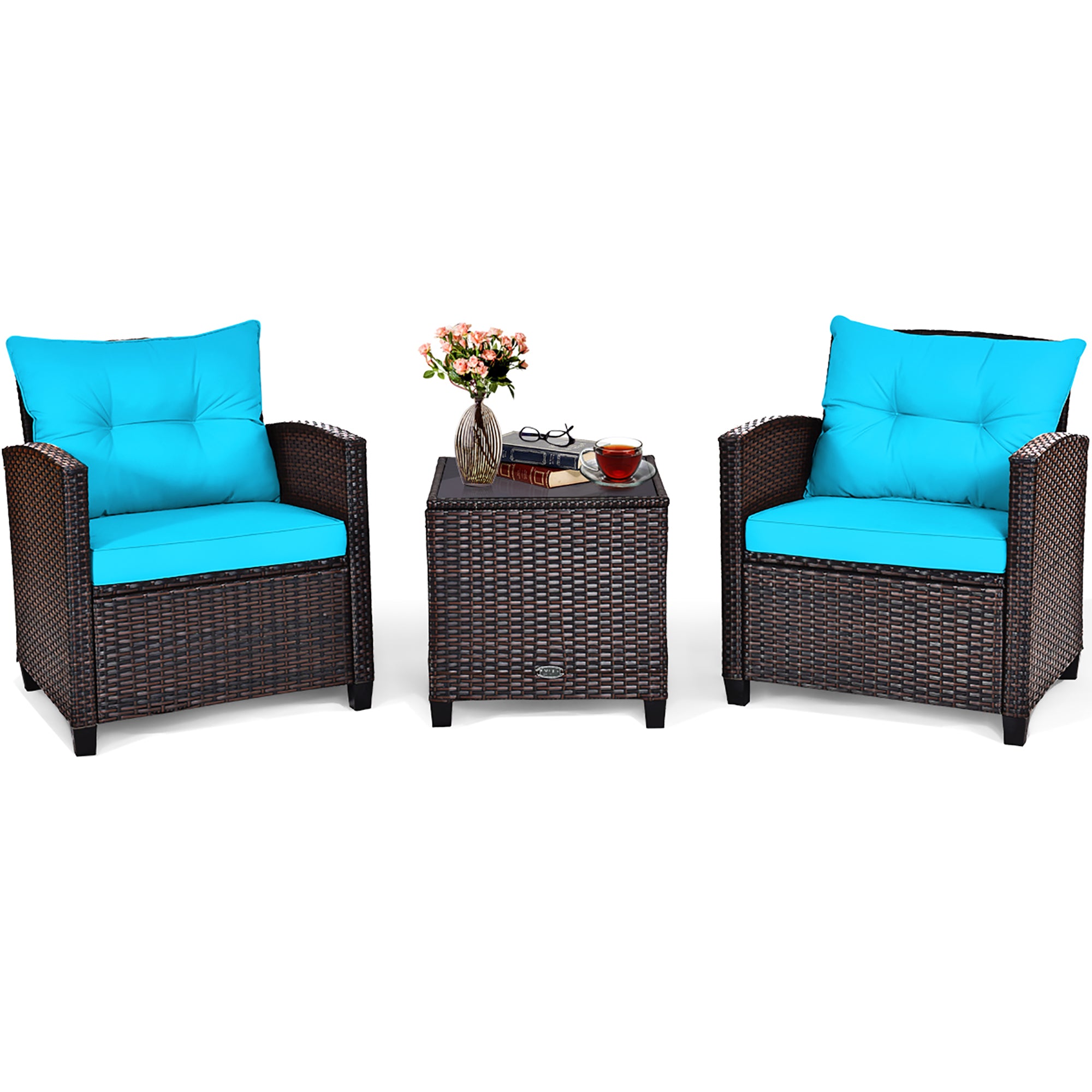  3 Piece Rattan Cushioned Chair Set with Table - Black - Bonton