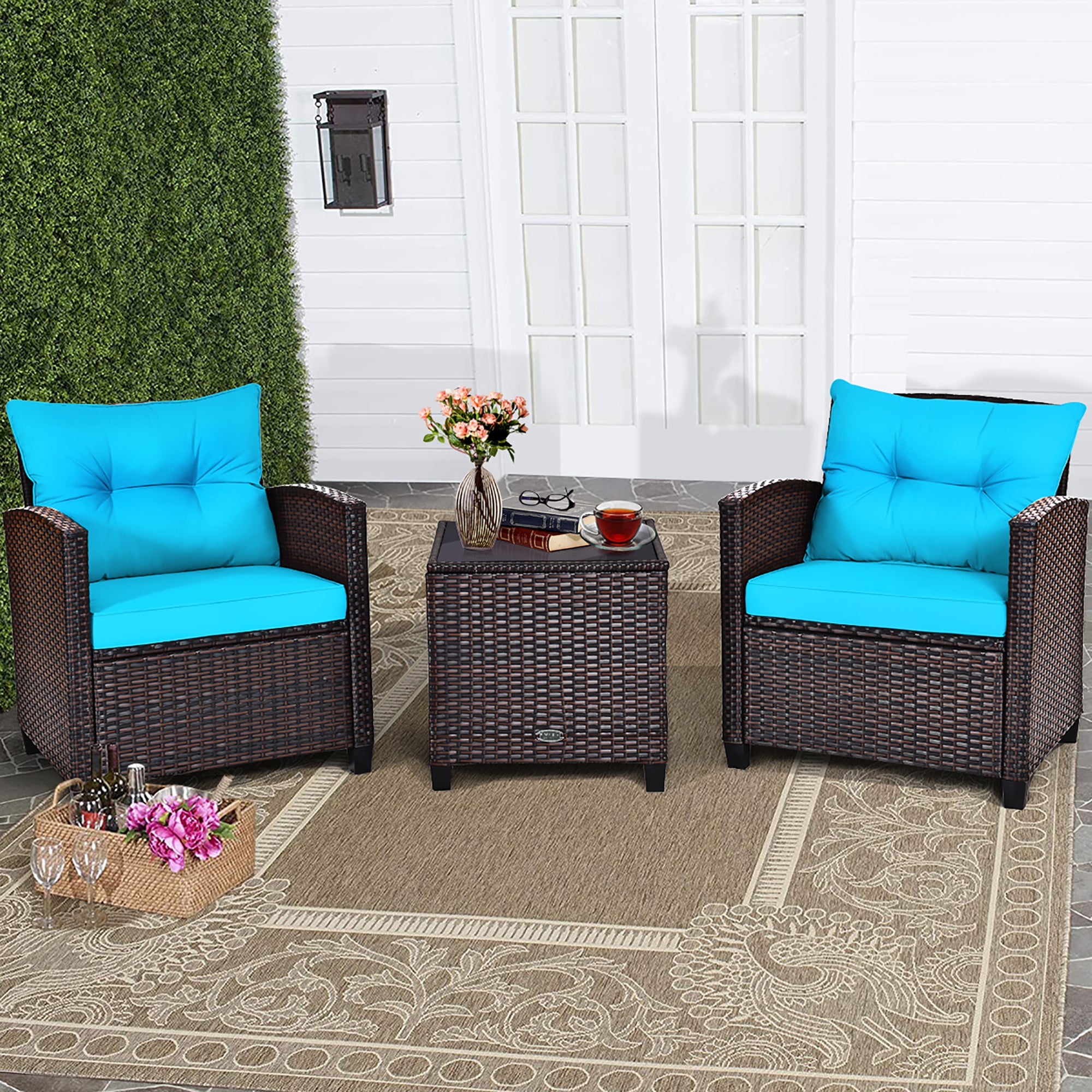  3 Piece Rattan Cushioned Chair Set with Table - Off White - Bonton