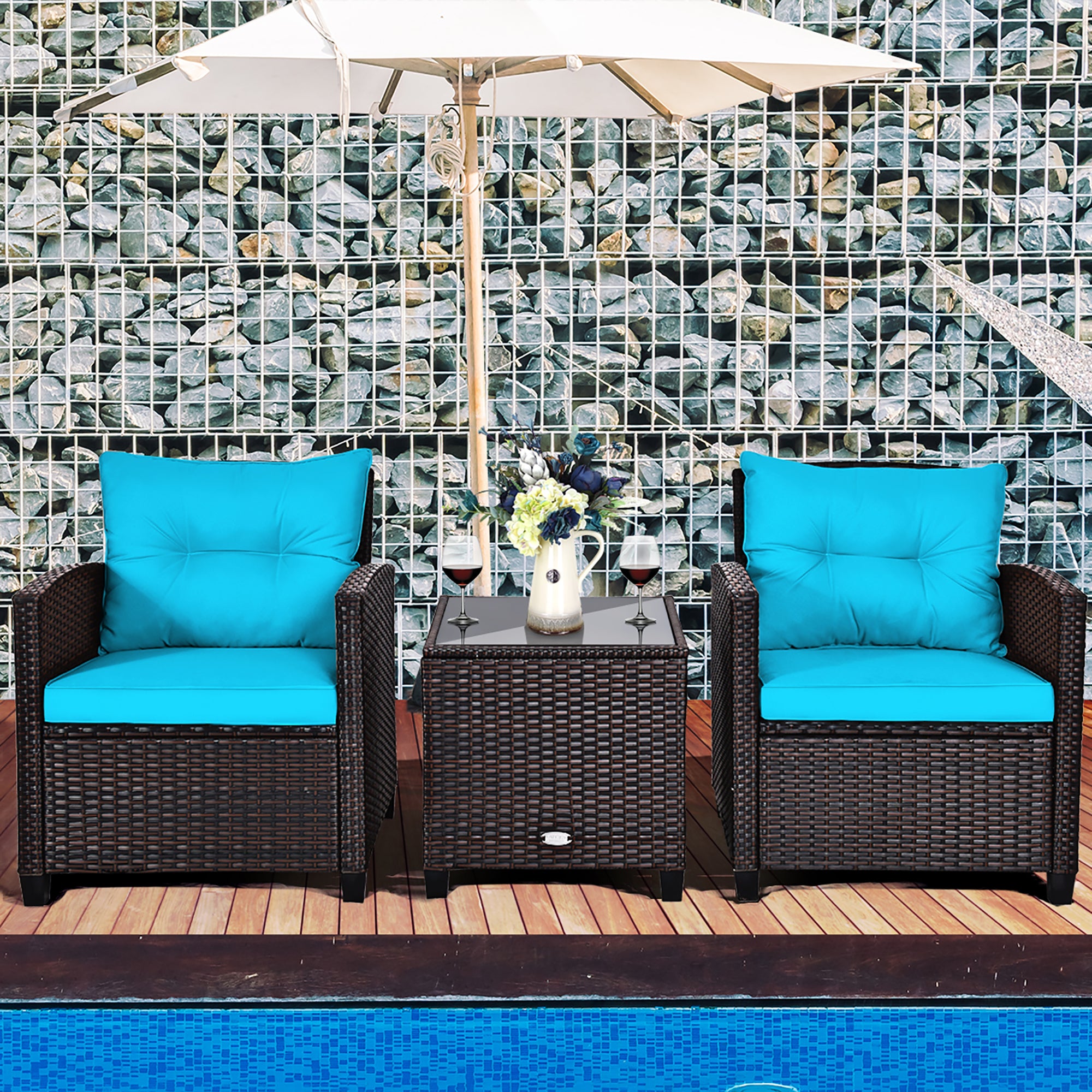  3 Piece Rattan Cushioned Chair Set with Table - Turquoise - Bonton