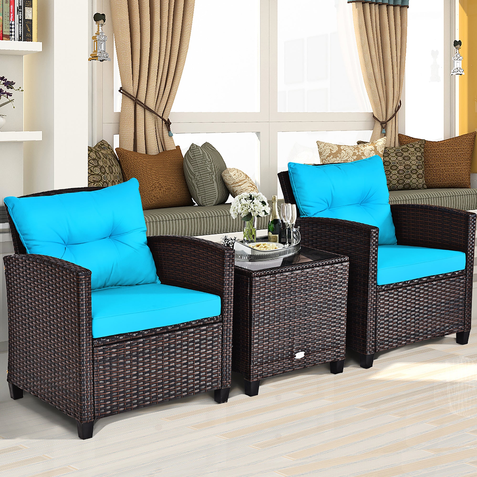  3 Piece Rattan Cushioned Chair Set with Table - Black - Bonton