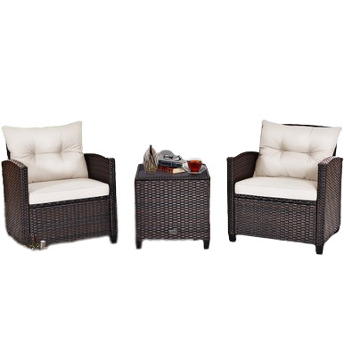  3 Piece Rattan Cushioned Chair Set with Table - Off White - Bonton