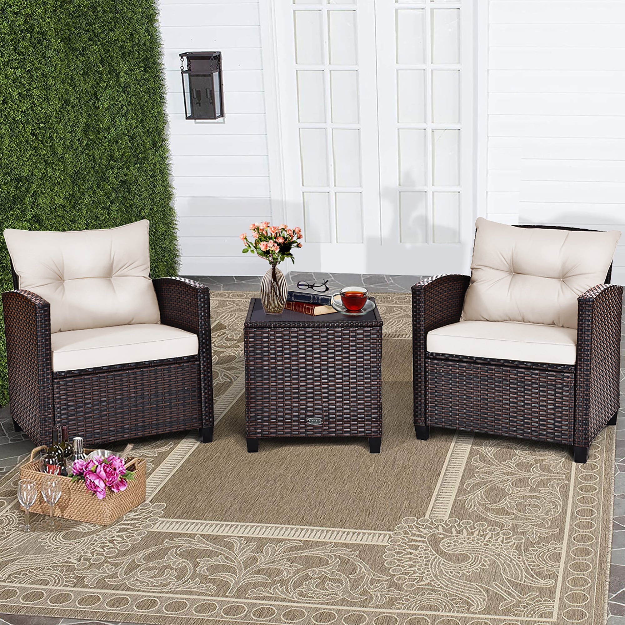  3 Piece Rattan Cushioned Chair Set with Table - Beige - Bonton