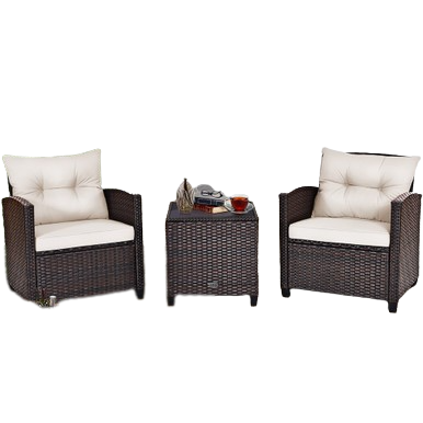  3 Piece Rattan Cushioned Chair Set with Table - Beige - Bonton