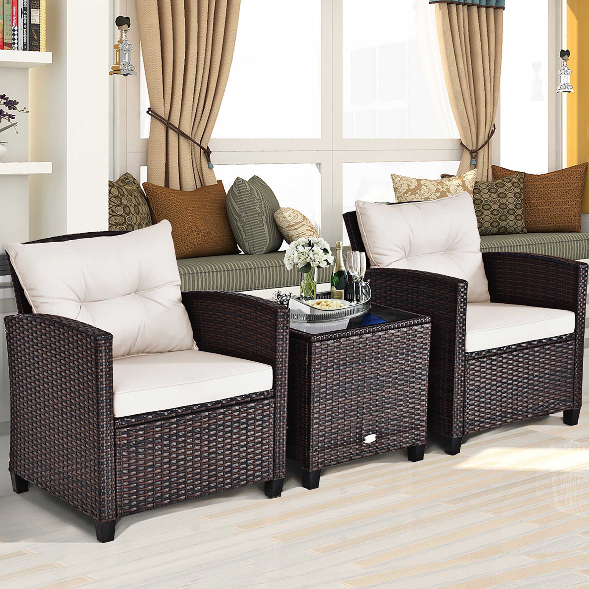  3 Piece Rattan Cushioned Chair Set with Table - Beige - Bonton