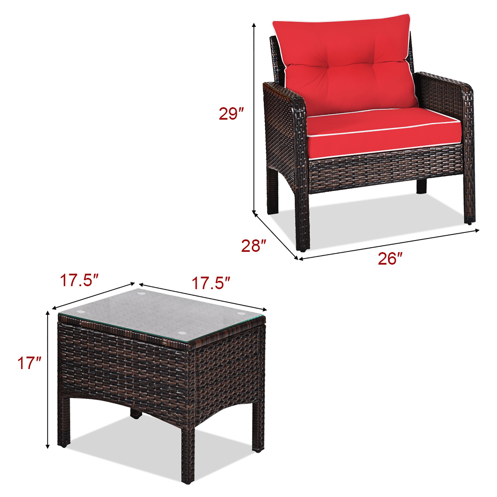  3 Piece Rattan Cushioned Chair Conversation Set - Red - Bonton