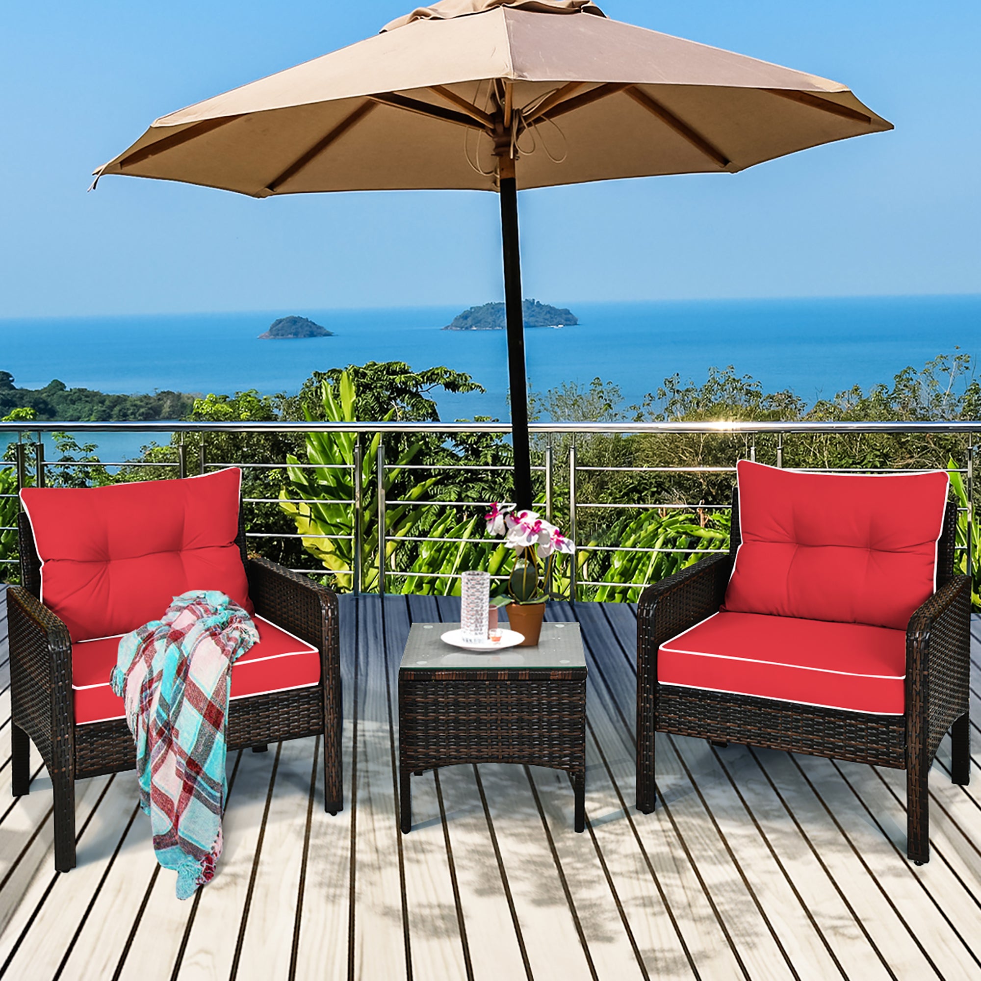  3 Piece Rattan Cushioned Chair Conversation Set - Red - Bonton