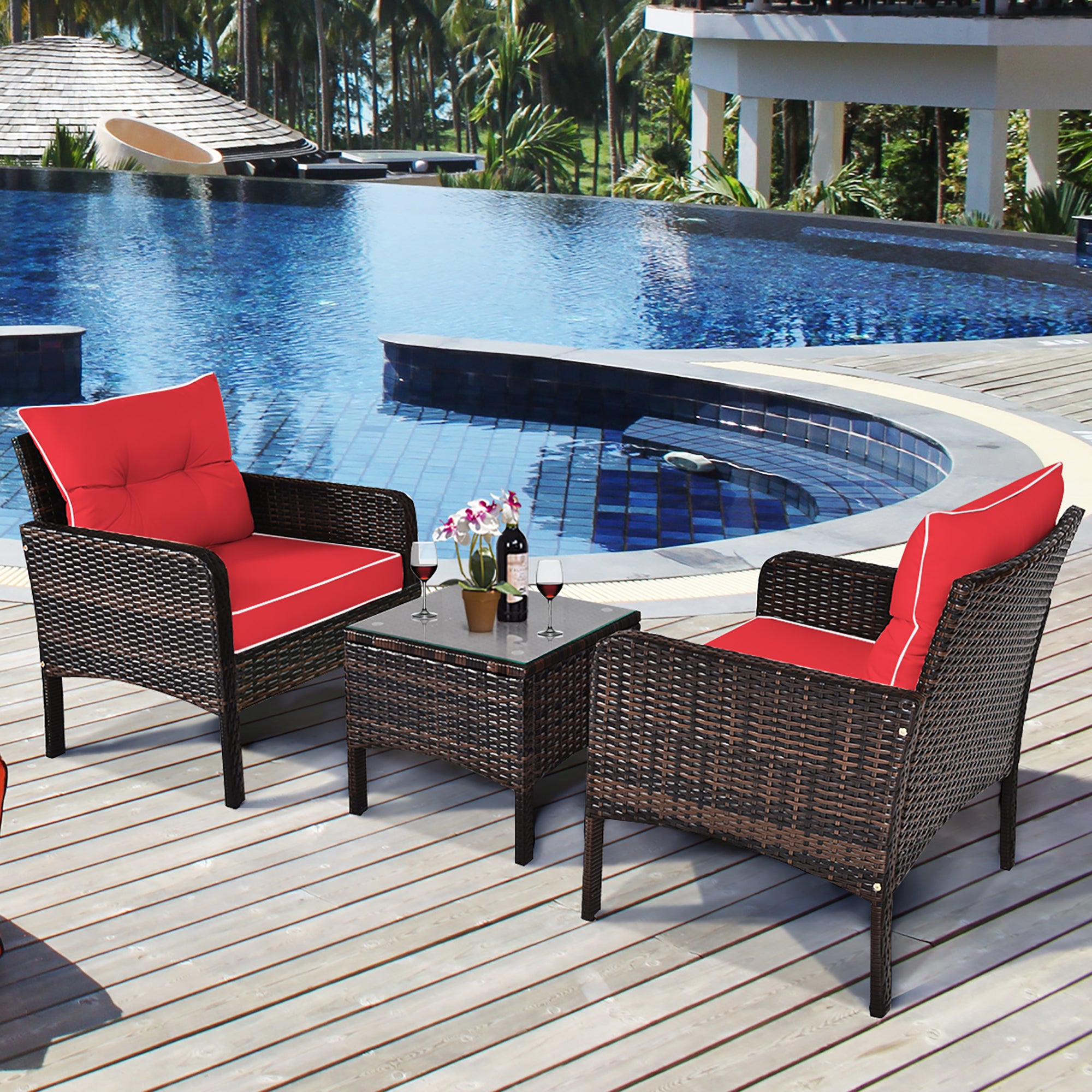  3 Piece Rattan Cushioned Chair Conversation Set - Red - Bonton