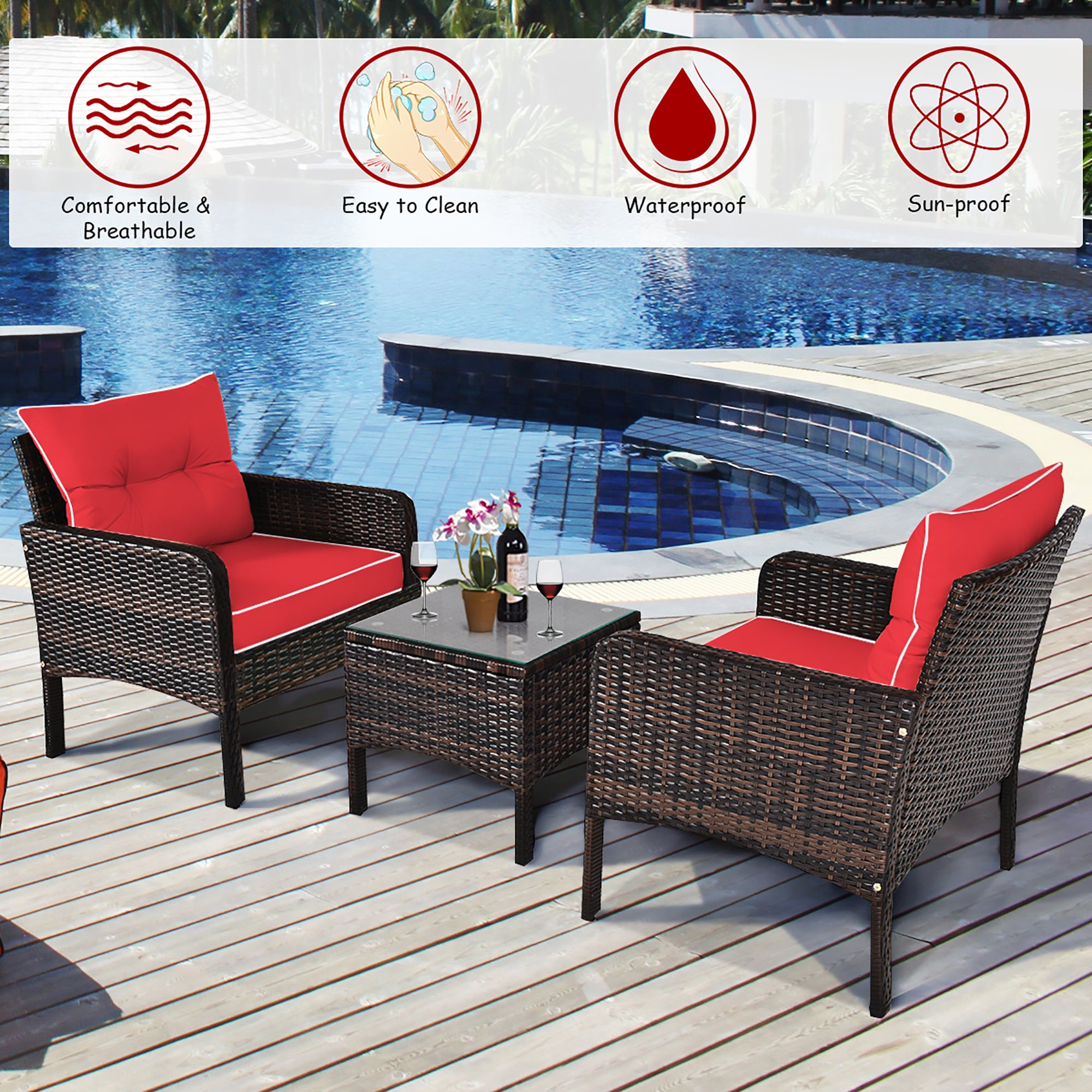  3 Piece Rattan Cushioned Chair Conversation Set - Red - Bonton