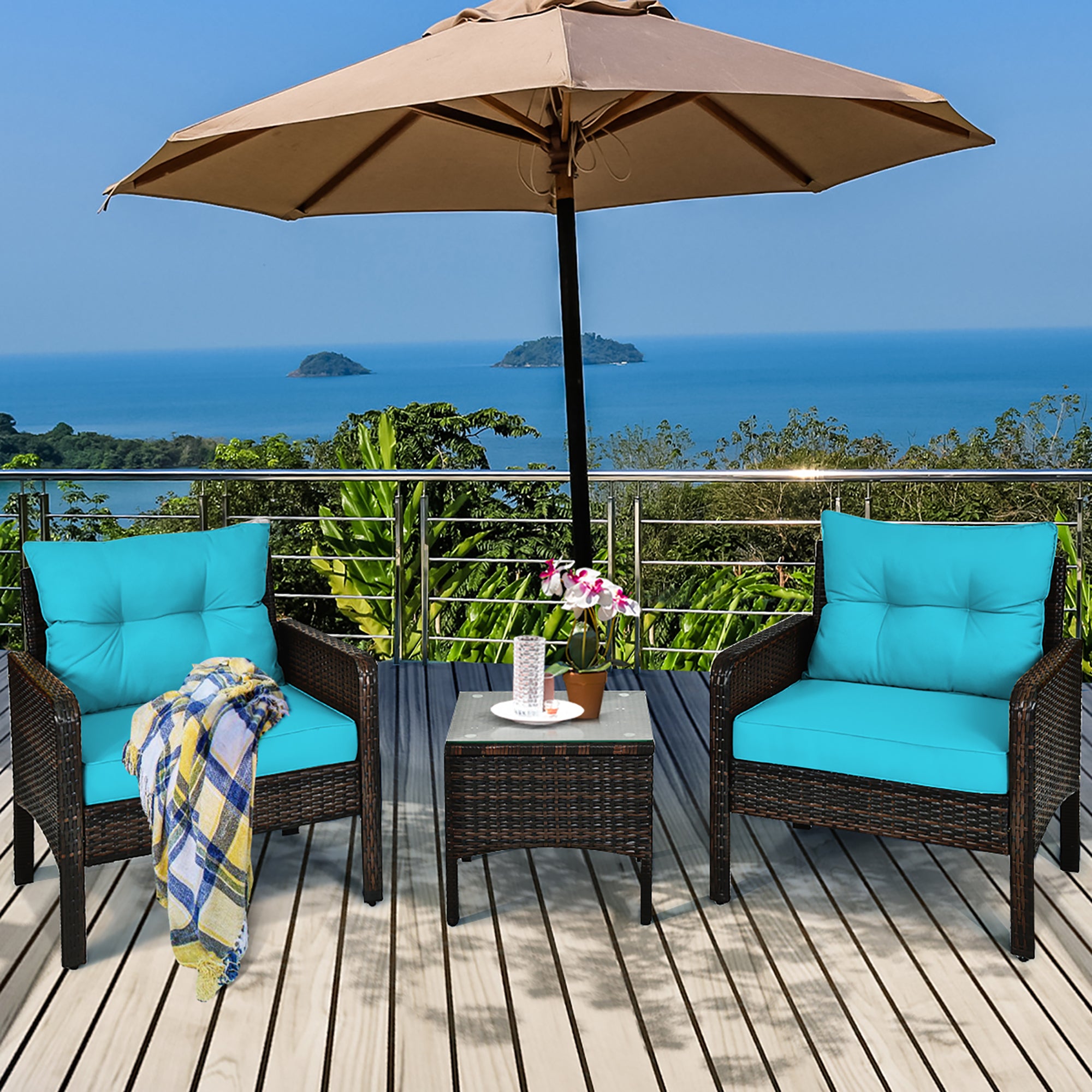  3 Piece Rattan Cushioned Chair Conversation Set - Turquoise - Bonton