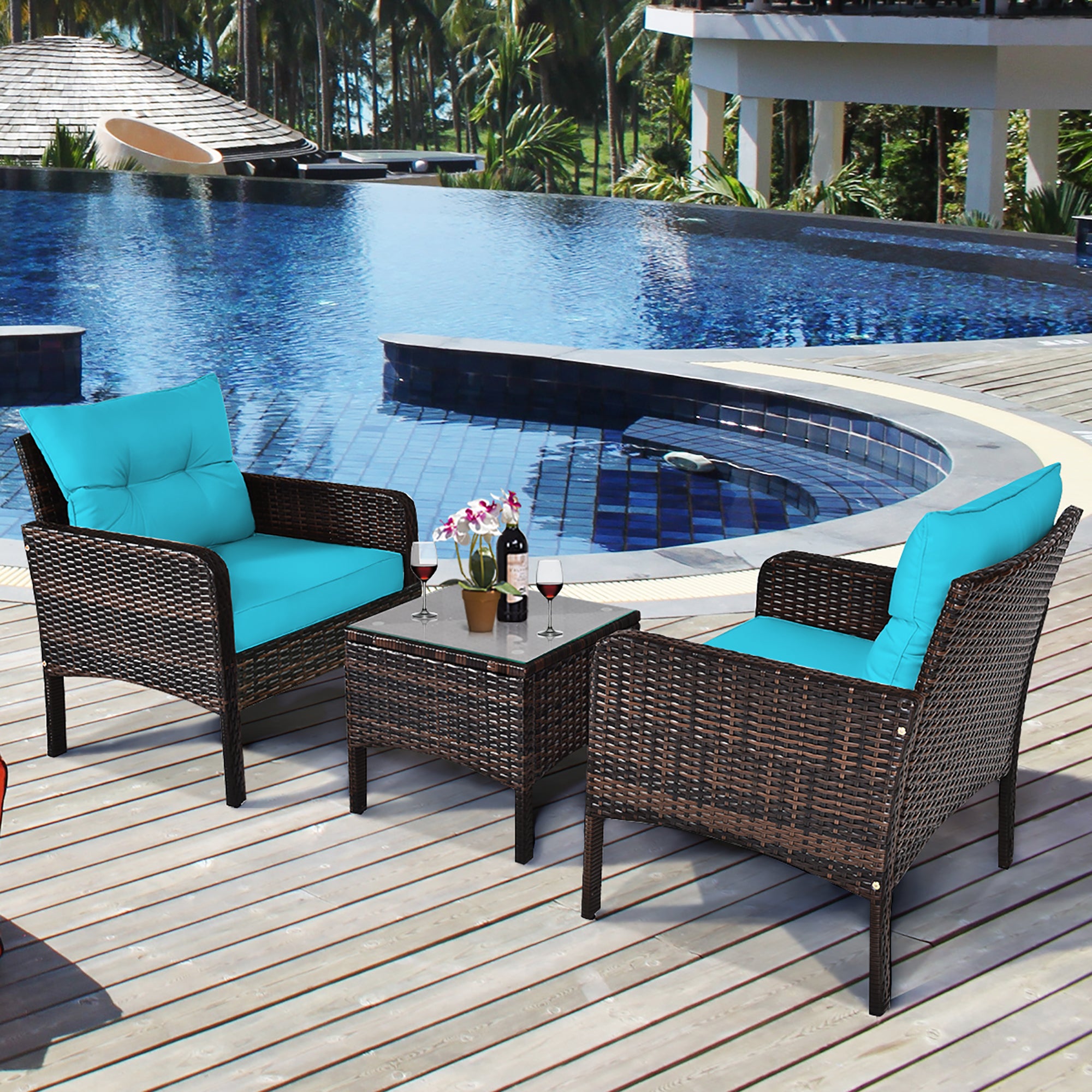  3 Piece Rattan Cushioned Chair Conversation Set - Turquoise - Bonton