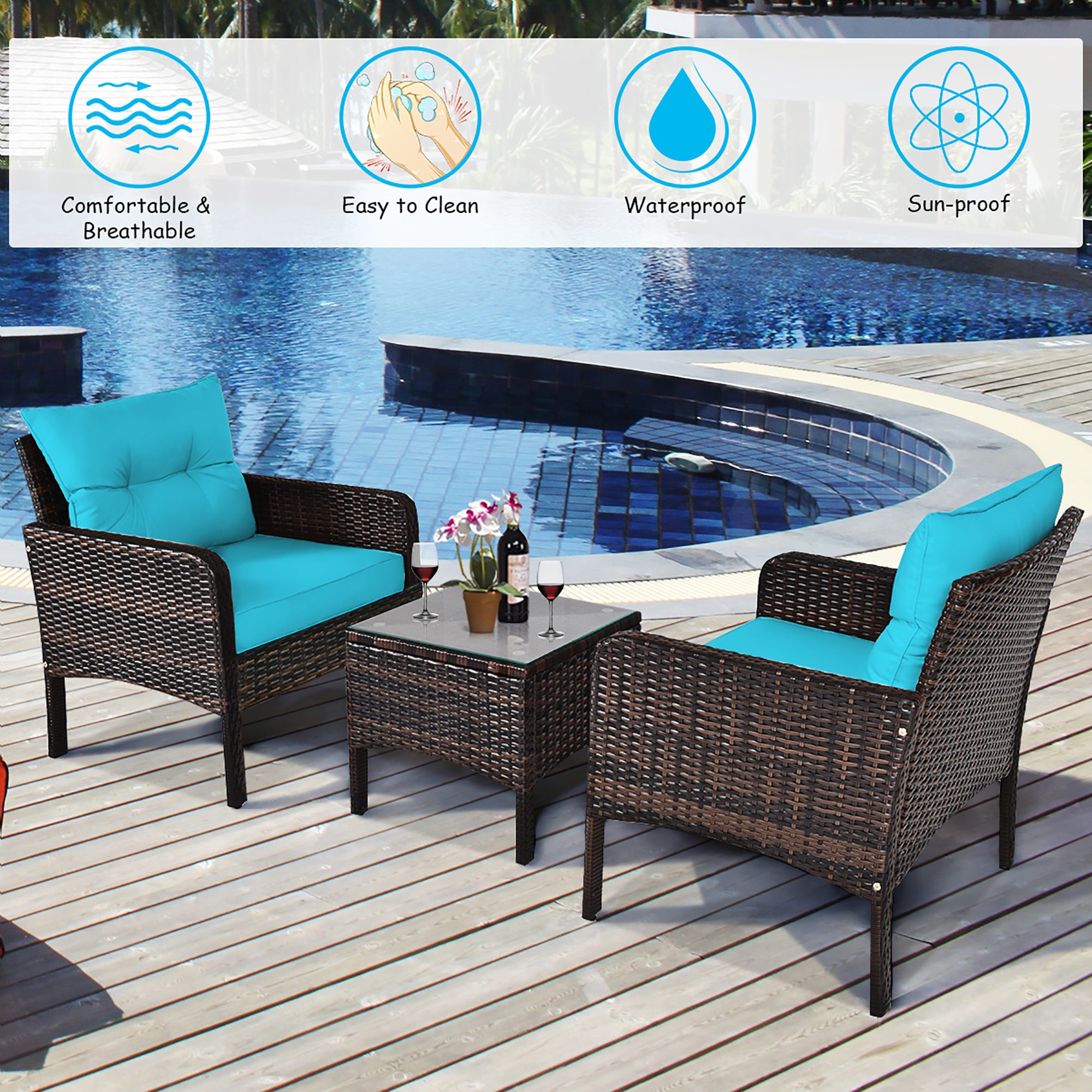  3 Piece Rattan Cushioned Chair Conversation Set - Turquoise - Bonton