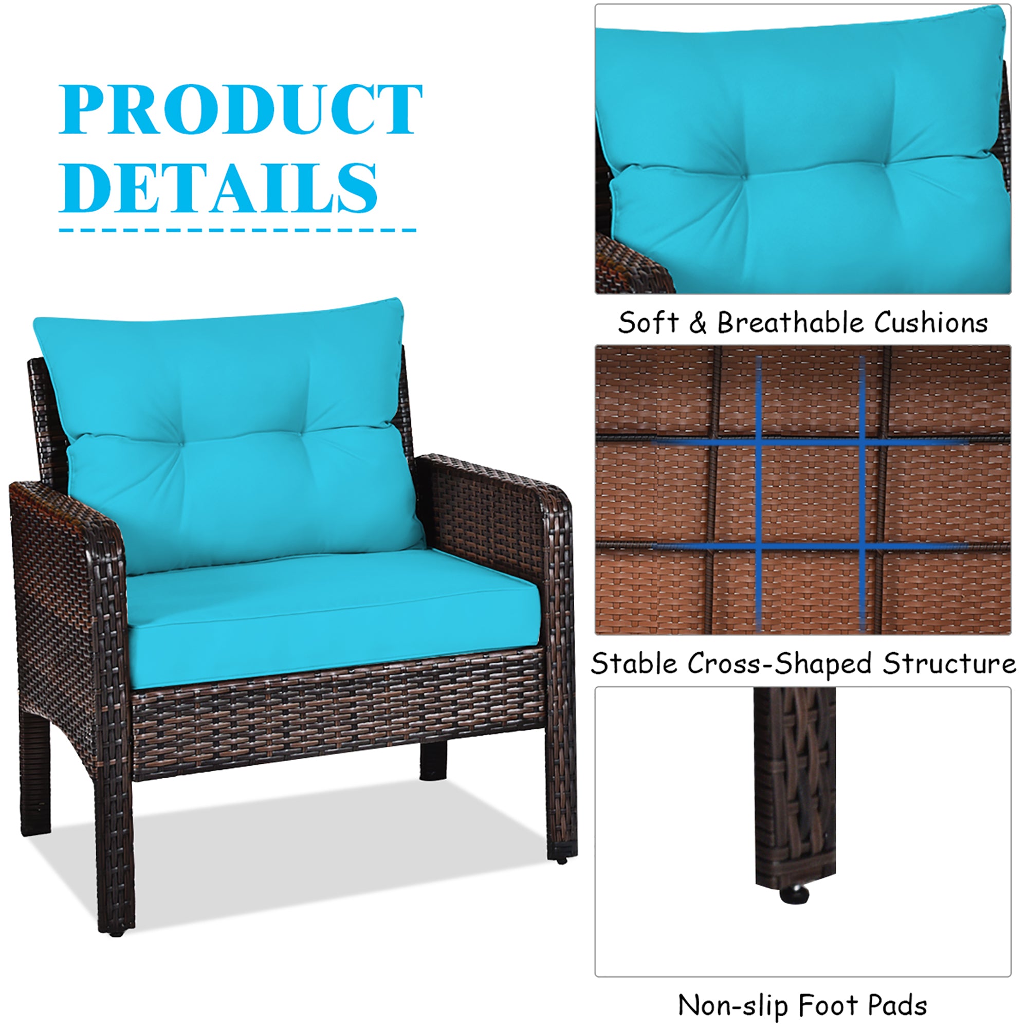  3 Piece Rattan Cushioned Chair Conversation Set - Turquoise - Bonton