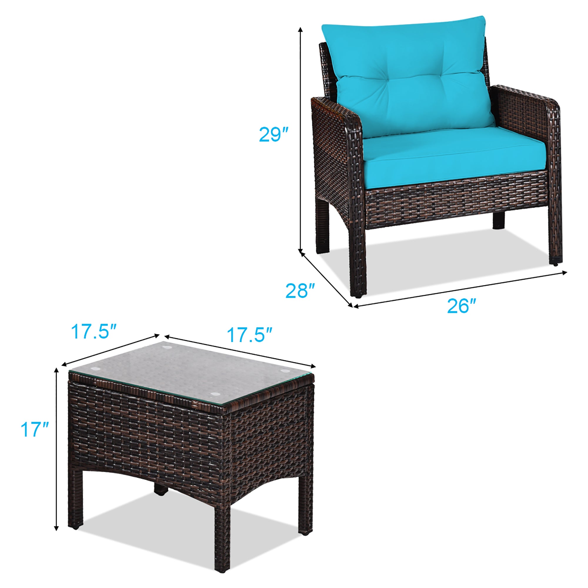  3 Piece Rattan Cushioned Chair Conversation Set - Turquoise - Bonton