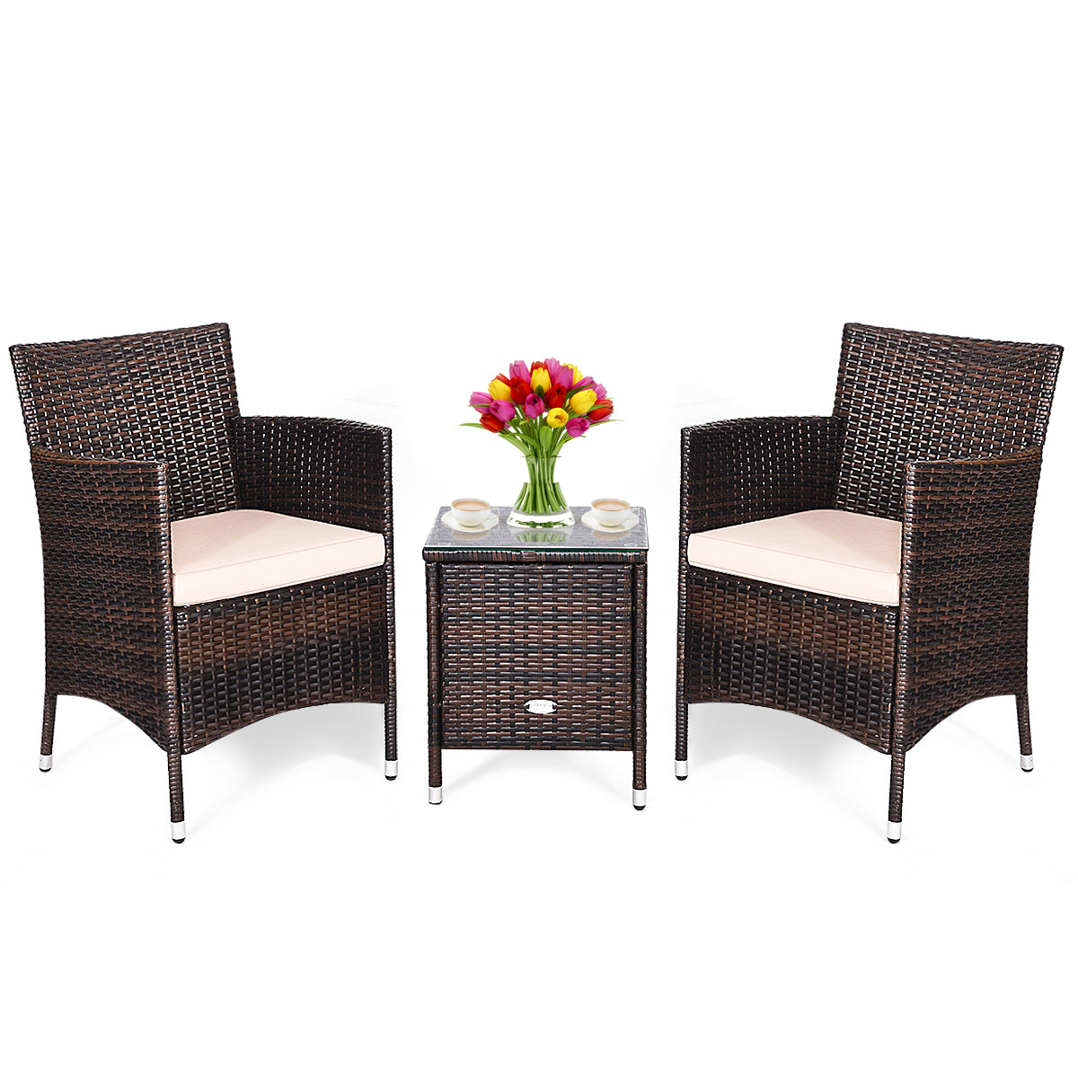  3 Piece PE Rattan Chair Set with Table - Blue - Bonton