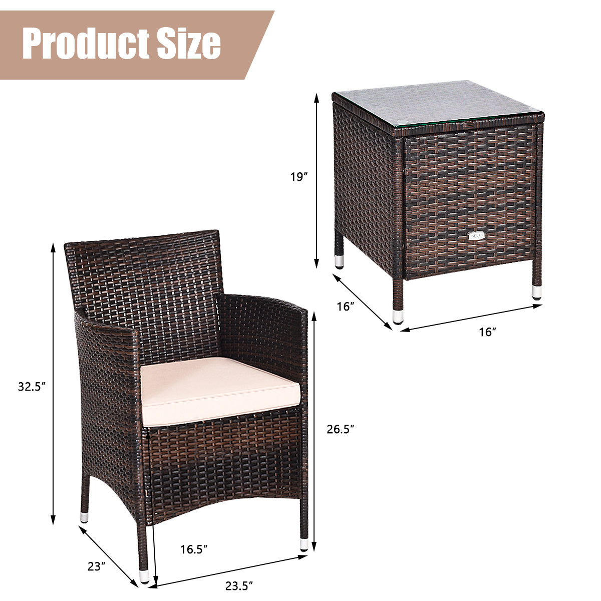  3 Piece PE Rattan Chair Set with Table - Gray - Bonton