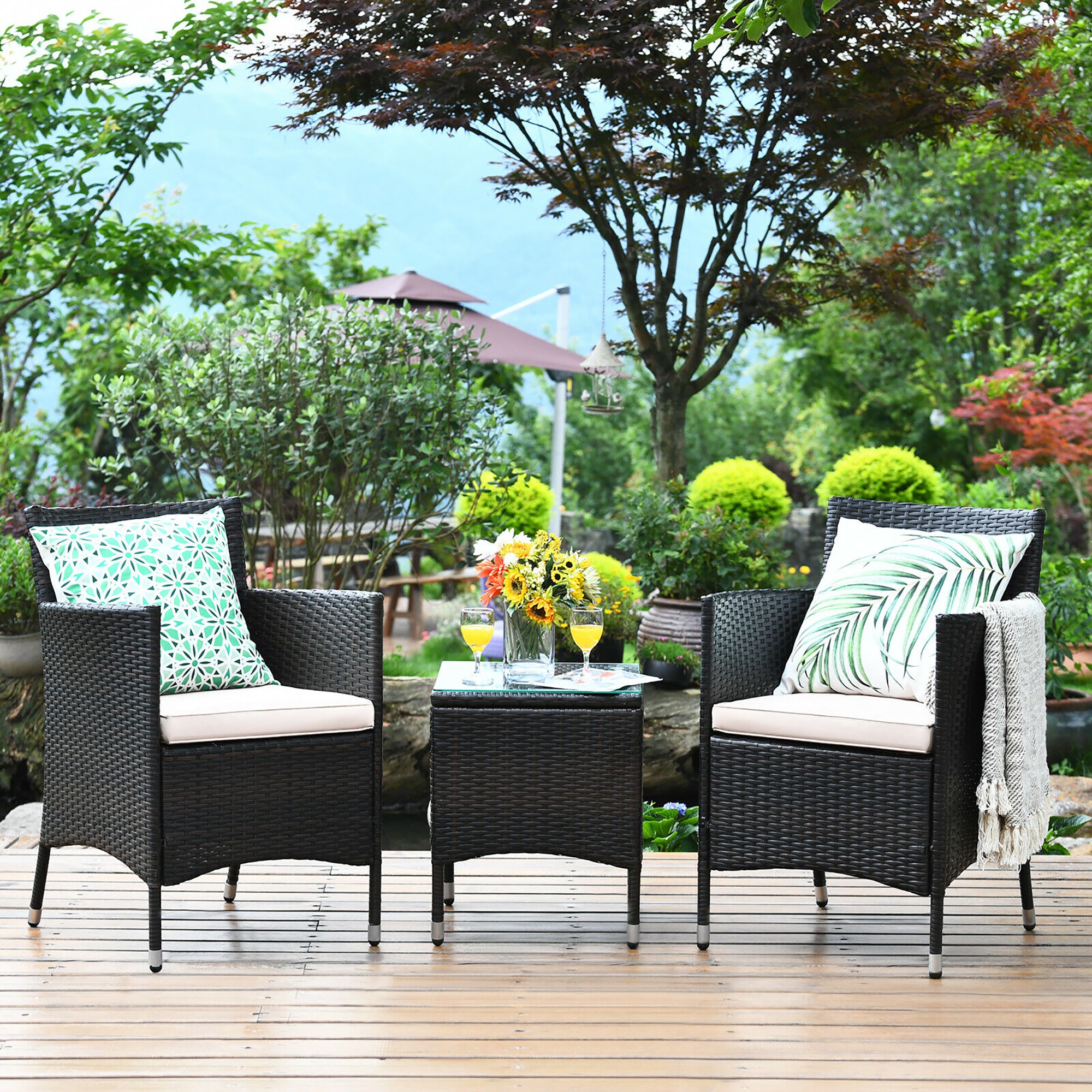  3 Piece PE Rattan Chair Set with Table - Gray - Bonton