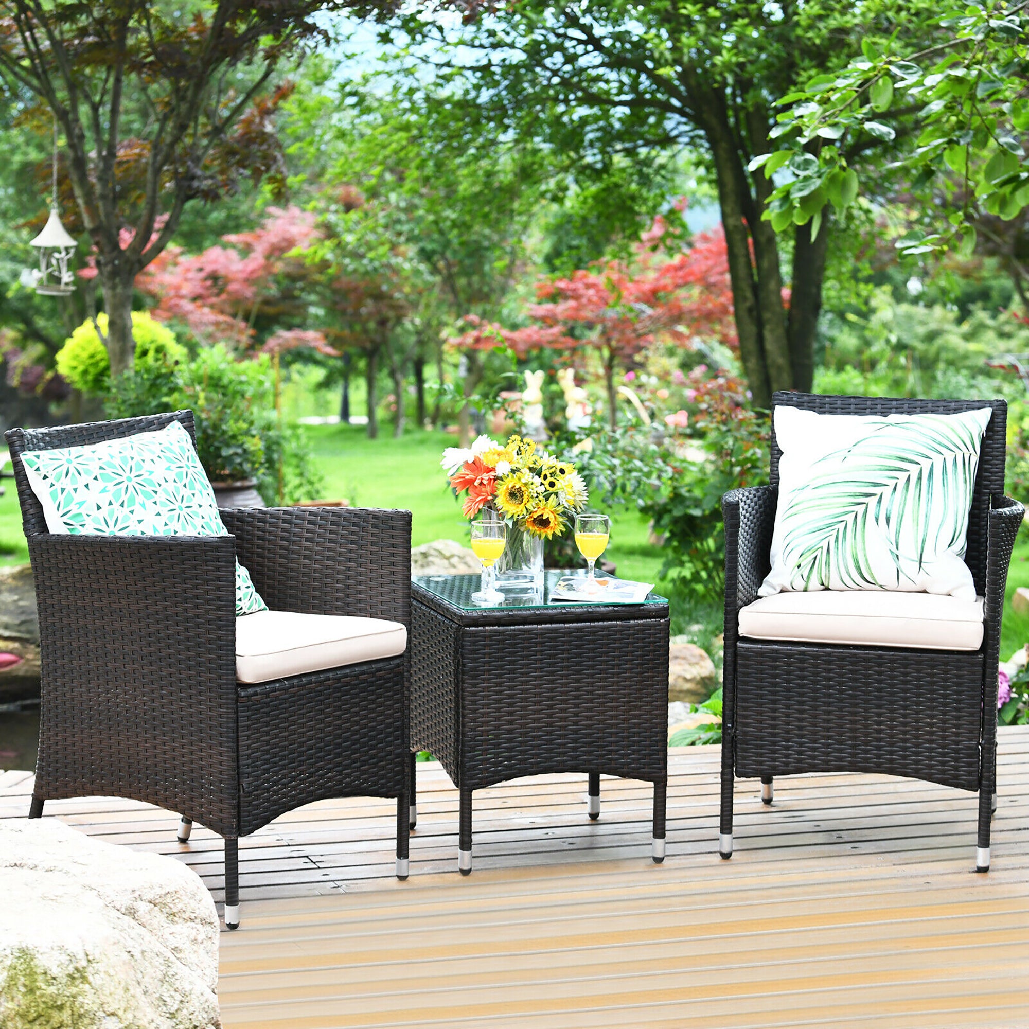  3 Piece PE Rattan Chair Set with Table - Red - Bonton