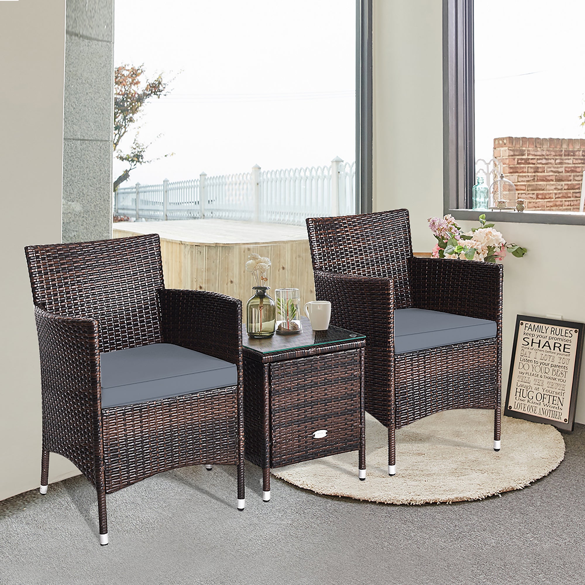  3 Piece PE Rattan Chair Set with Table - Navy - Bonton