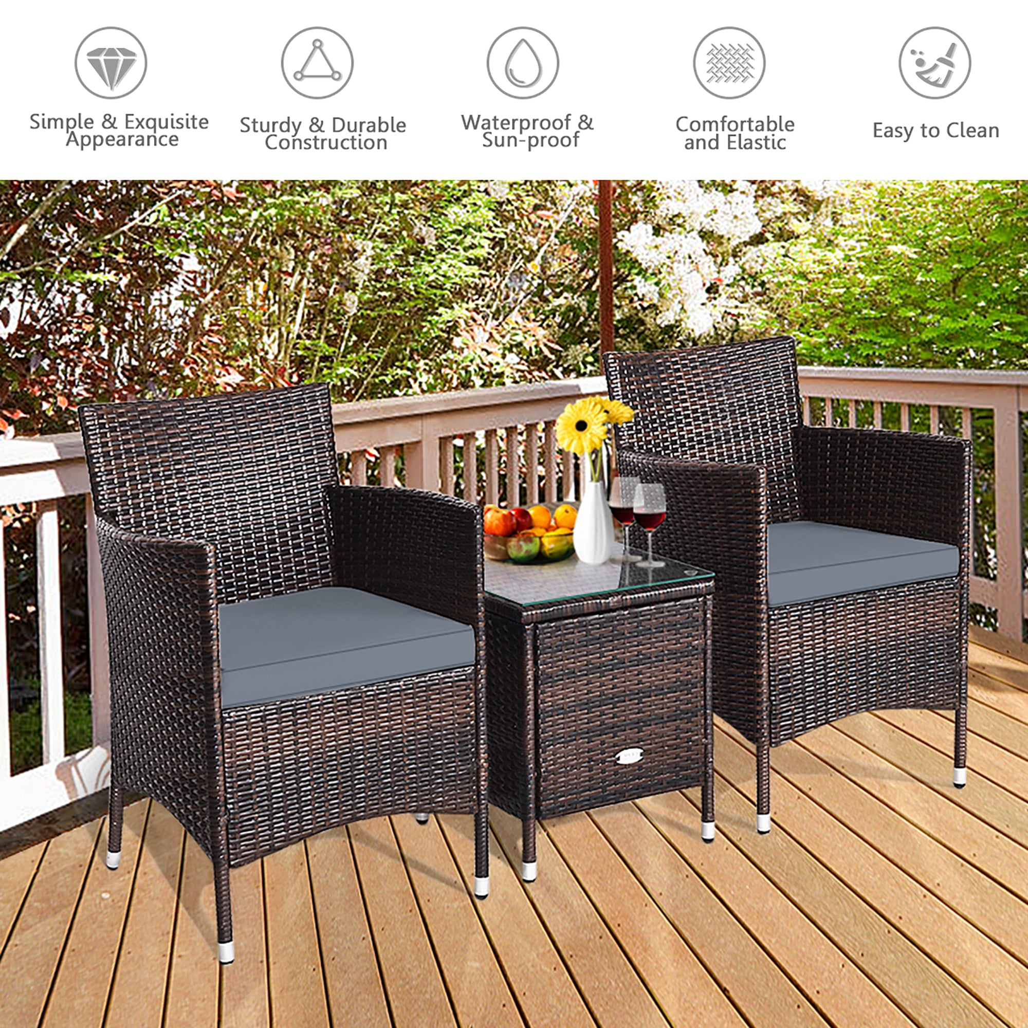  3 Piece PE Rattan Chair Set with Table - Navy - Bonton