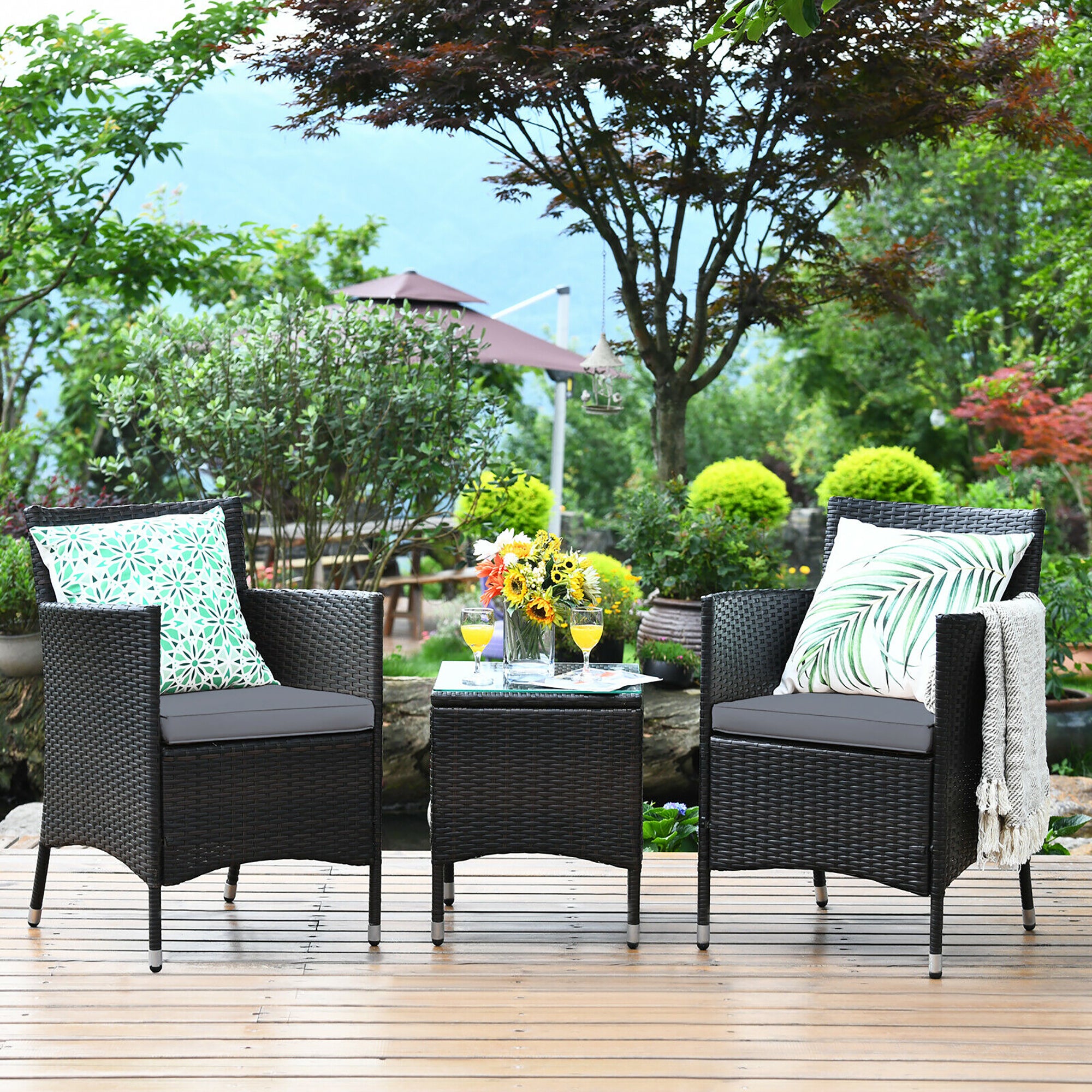  3 Piece PE Rattan Chair Set with Table - Gray - Bonton