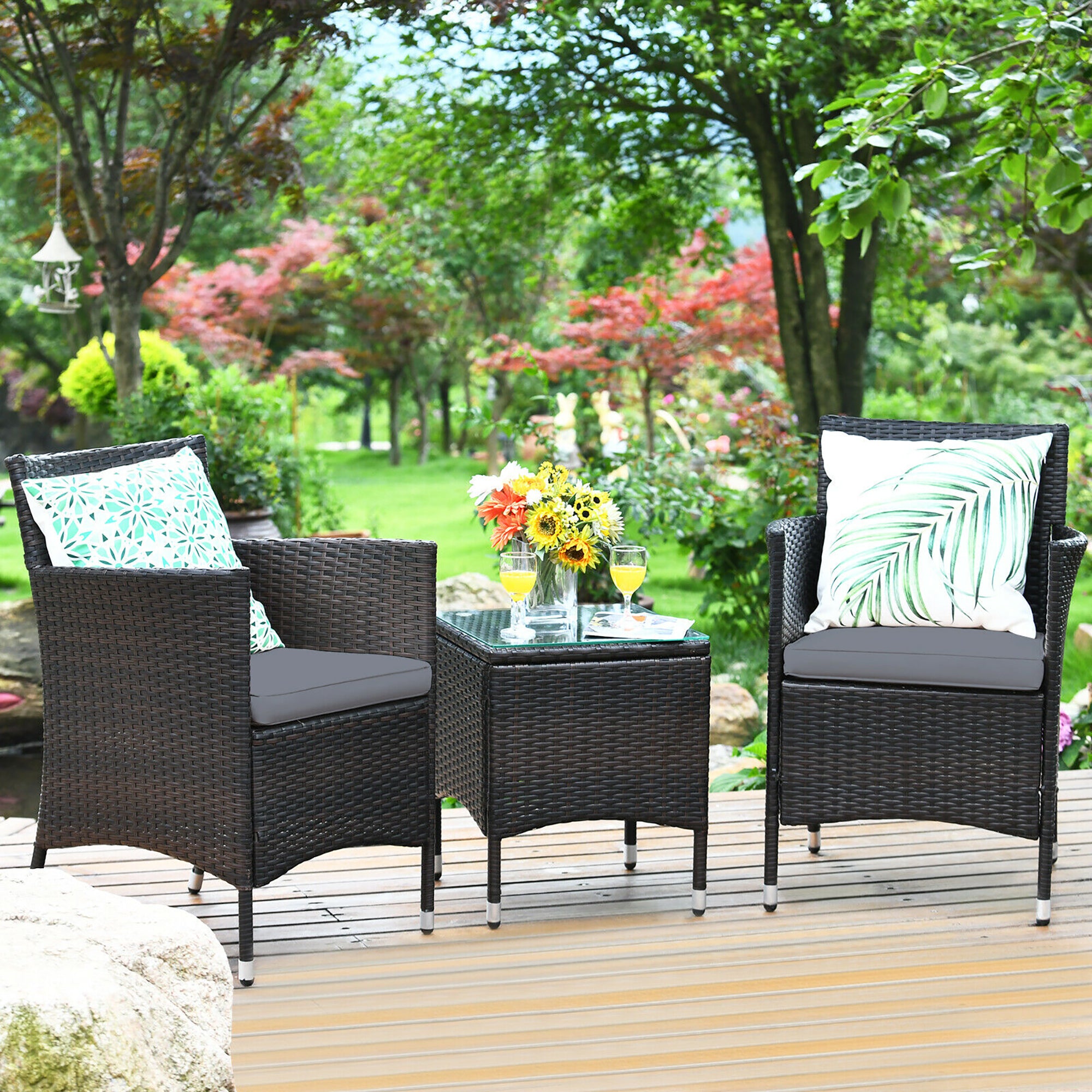  3 Piece PE Rattan Chair Set with Table - Navy - Bonton