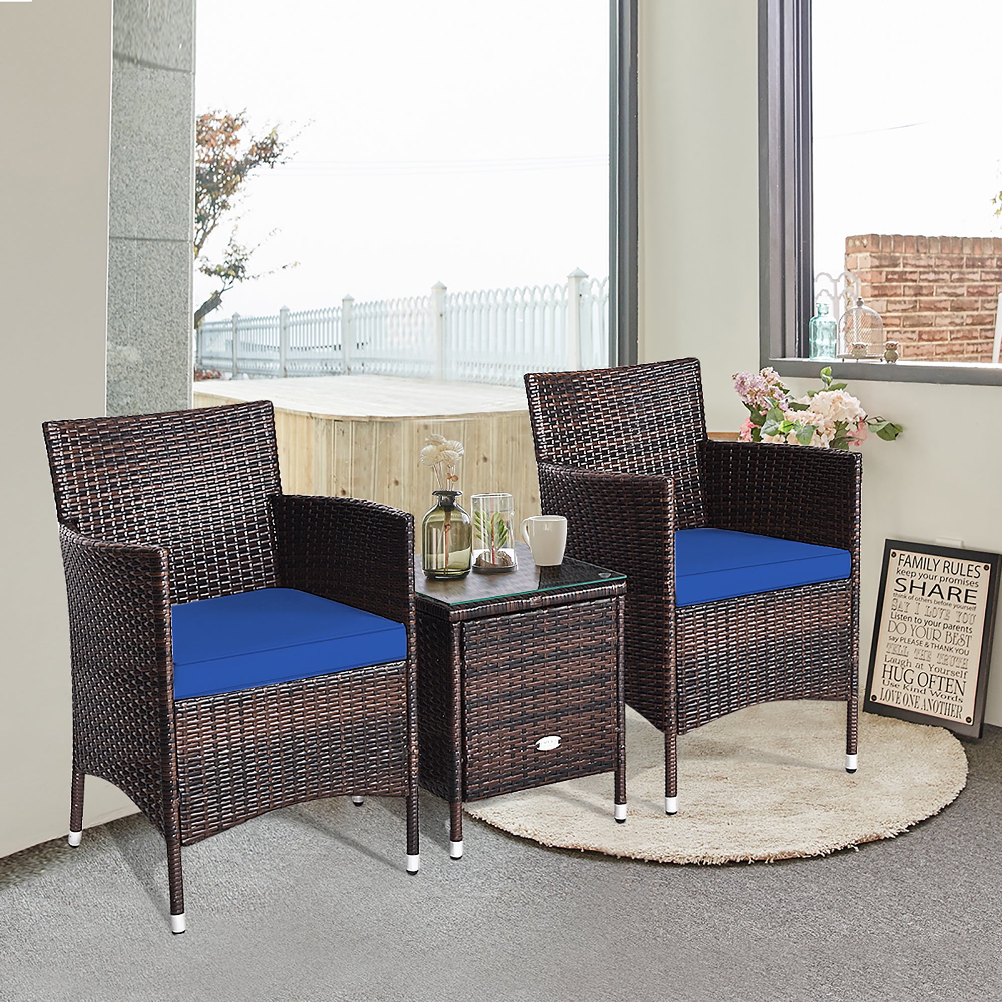  3 Piece PE Rattan Chair Set with Table - Navy - Bonton