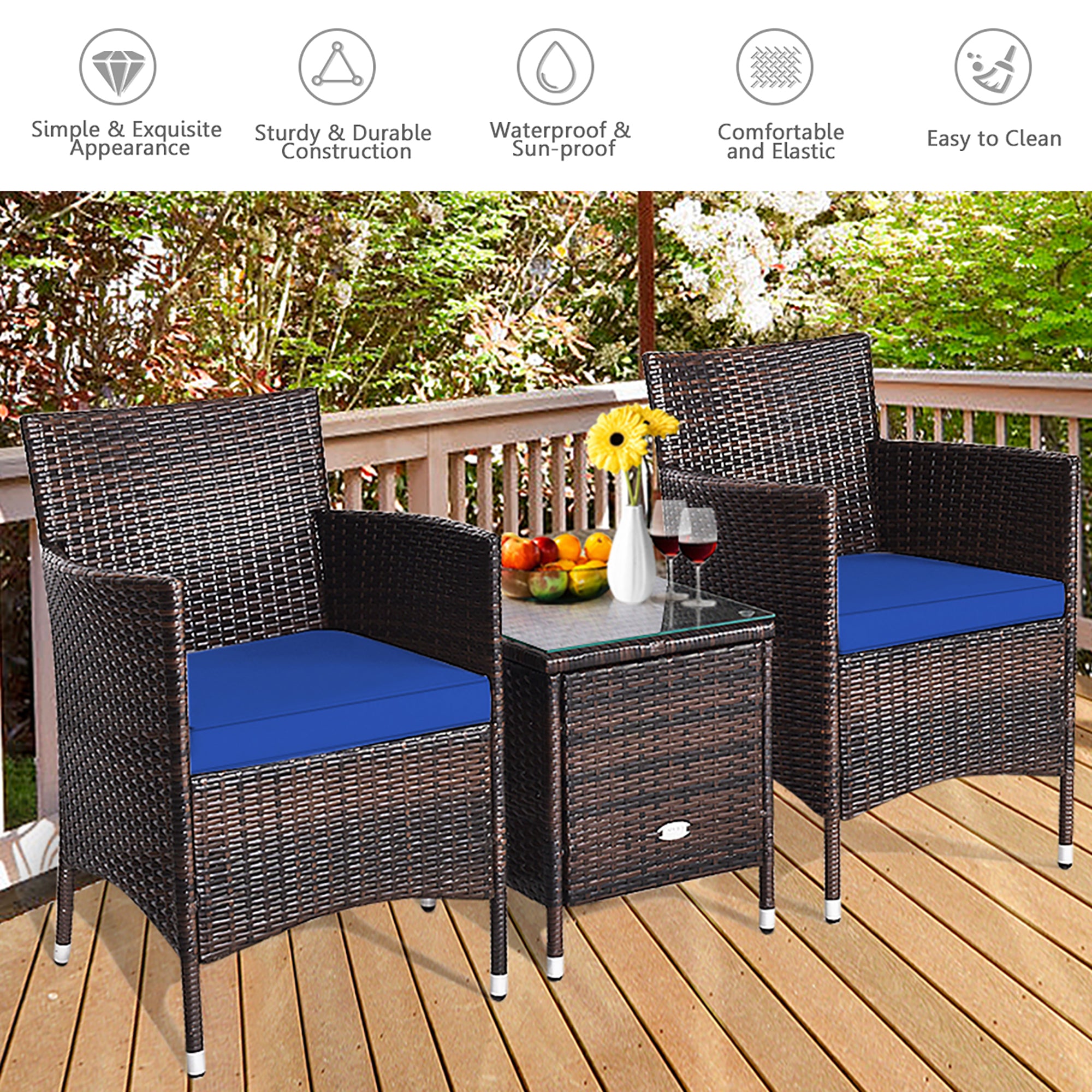  3 Piece PE Rattan Chair Set with Table - Navy - Bonton