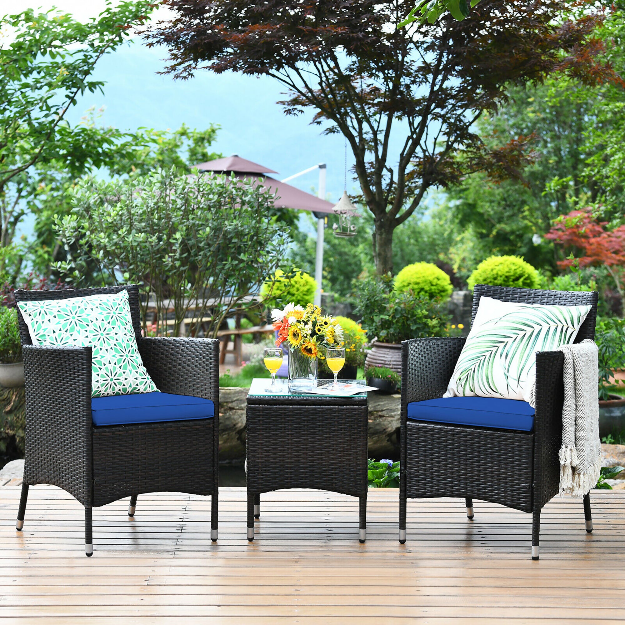  3 Piece PE Rattan Chair Set with Table - Blue - Bonton