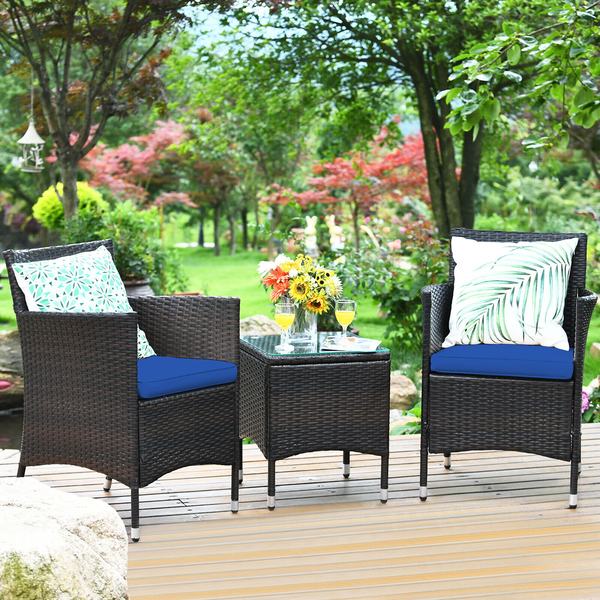  3 Piece PE Rattan Chair Set with Table - Red - Bonton