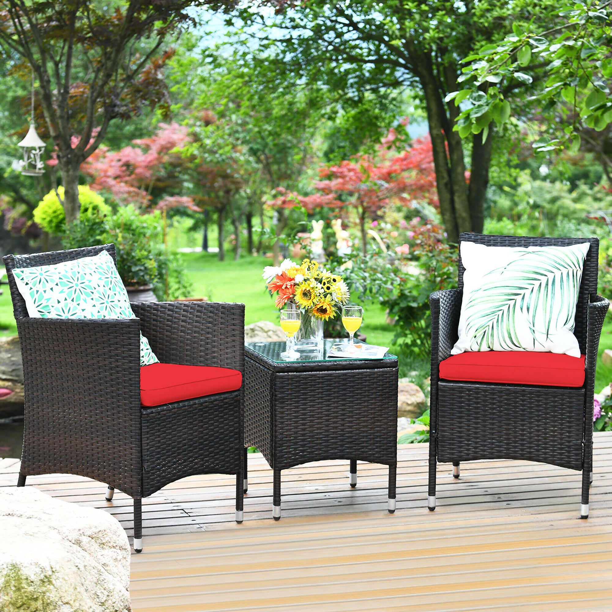  3 Piece PE Rattan Chair Set with Table - Blue - Bonton