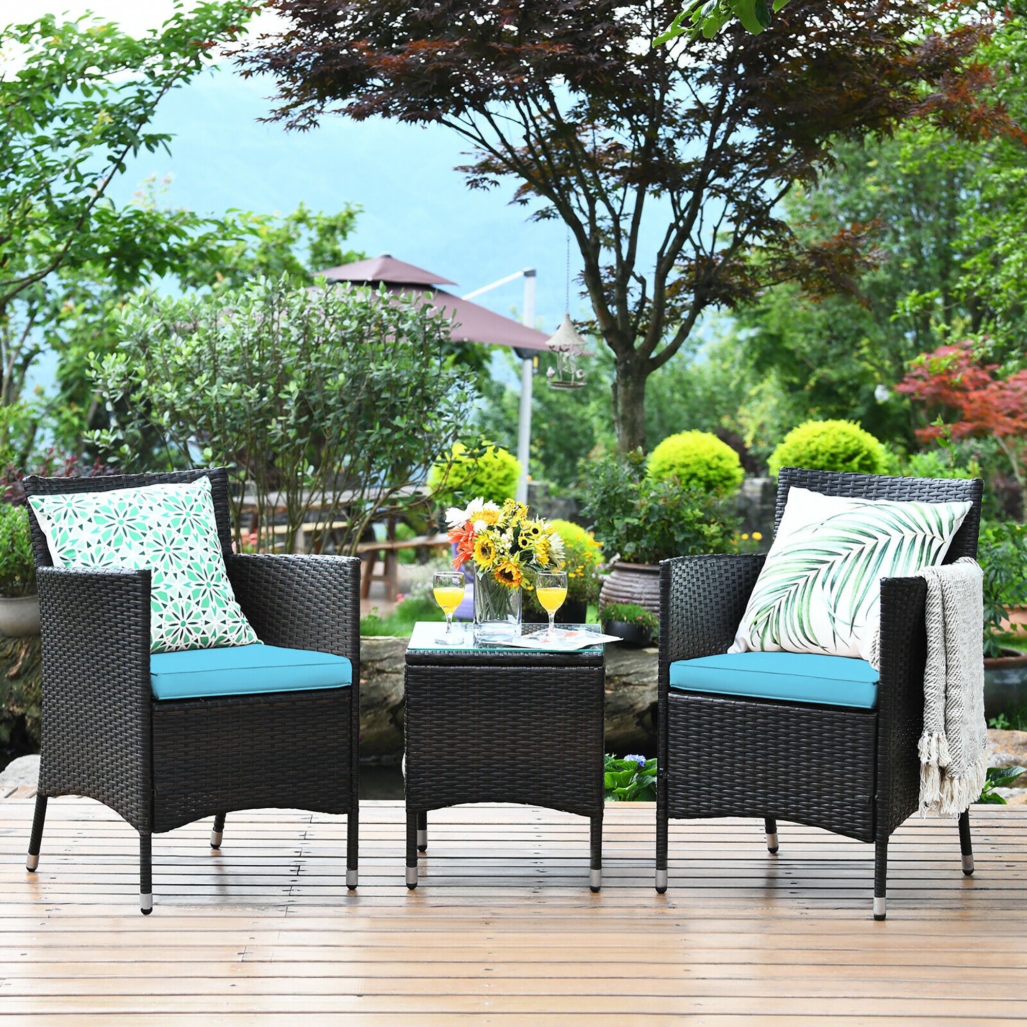  3 Piece PE Rattan Chair Set with Table - Gray - Bonton